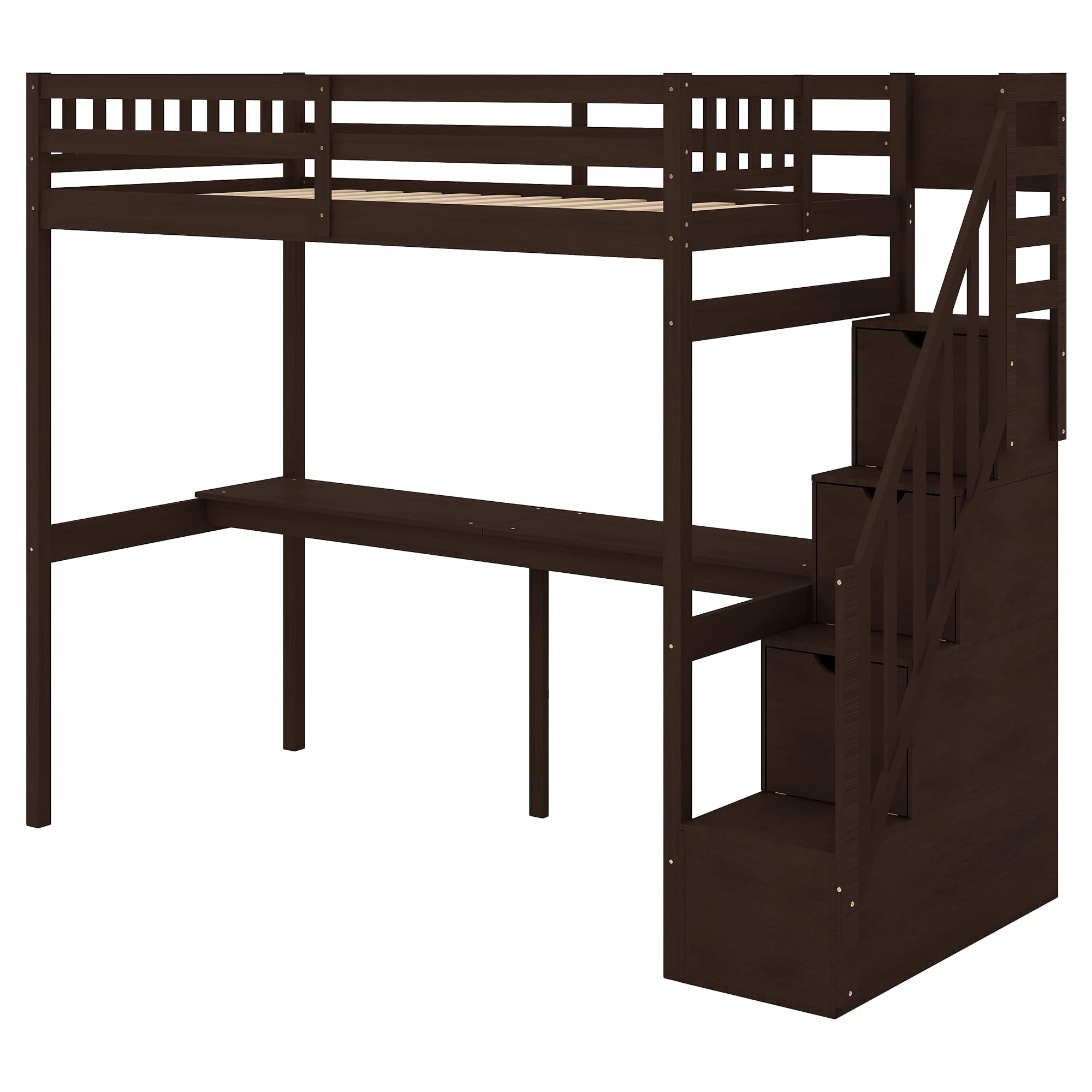 SOFTSEA Twin Size Loft Bed with Storage Steps & Desk - Sturdy Wooden Study Loft Bed Frame with L-Shaped Desk, Built-in Storage Stairs, Safety Guard Rails for Kids & Teens Bedrooms - Espresso Finish - Perfect for Small Spaces, Dorm Rooms & Kids' Bedrooms