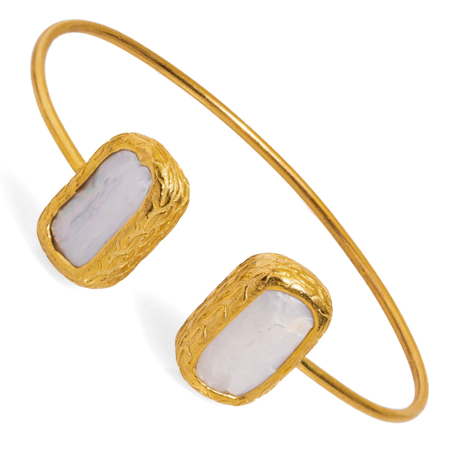 Double Pearl Stone Open Cuff Bangle Gold Bracelet for Women - Elegant Adjustable Handmade Jewelry for Parties, Weddings & Special Occasions
