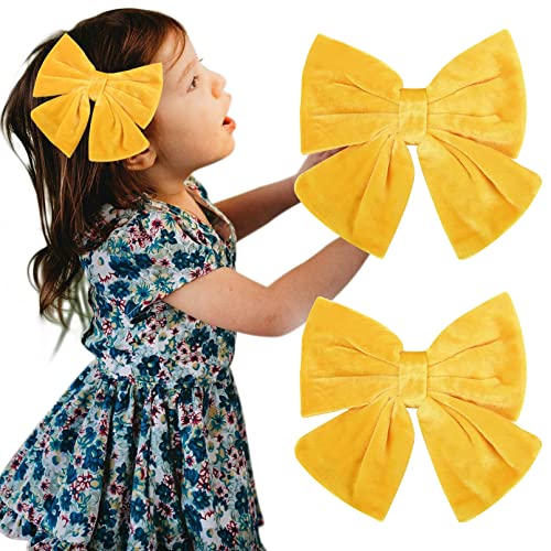 Velvet Hair Bows for Girls - 6 Inch Big Yellow Fall Hair Clips (2 Pack) - Alligator Clips for Toddlers, Teens & Kids - Perfect for School, Parties & Photo Shoots