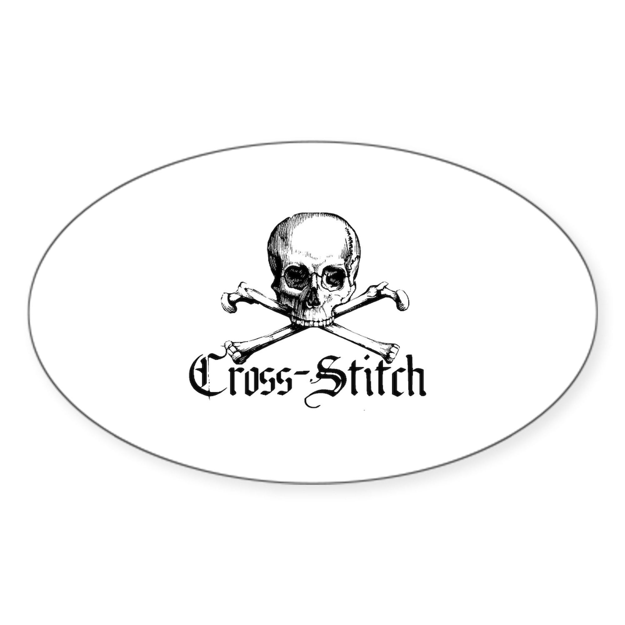 Cross Stitch Skull & Crossbones Oval Sticker - Durable Vinyl Car Bumper Decal for Cars, Laptops & Windows - Gothic Punk Decor for Vehicles, Personal Belongings and Home Decor