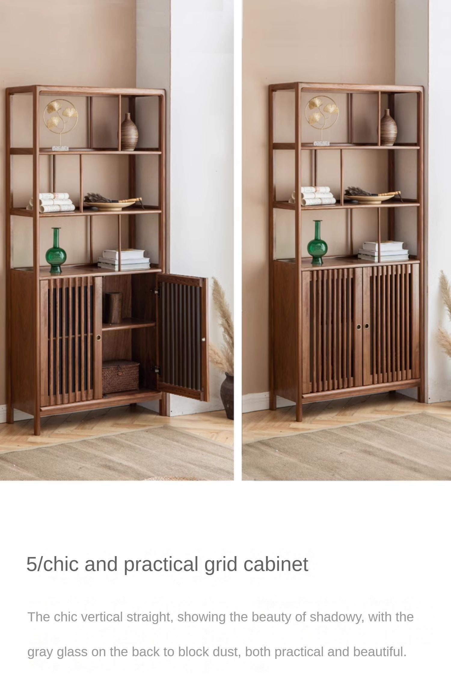Solid Black Walnut & Ash Wood Bookshelf - Modern Bookcase with Display Cabinet & Wall Shelf for Living Room, Office & Library Storage
