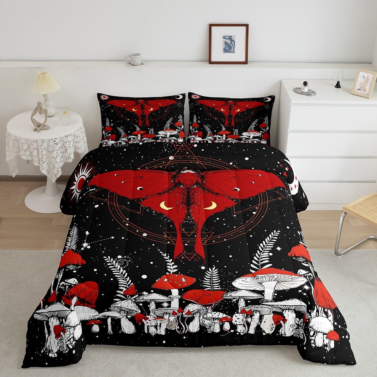 Red Mushroom Plant Twin Size Comforter Set - Stars Moon Galaxy Space Microfiber Quilt & Duvet Set for Kids & Teens (2-Piece) | Soft Bedroom Decor for Cozy Sleep & Dreamy Space-Themed Nursery