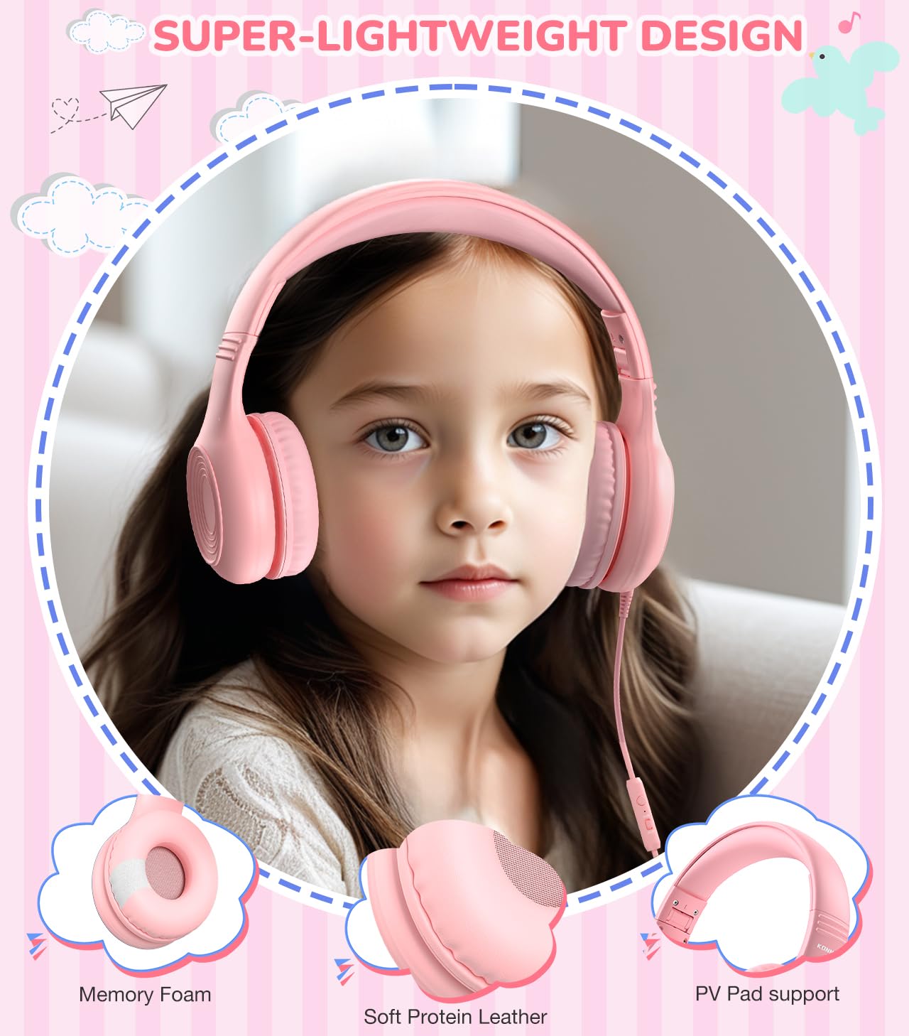 Upgrade USB Type C Kids Headphones with Microphone - Adjustable 85dB/94dB Volume Limited Wired Headphones for Boys & Girls (Pink) - Perfect for Online Learning, Gaming, and Travel