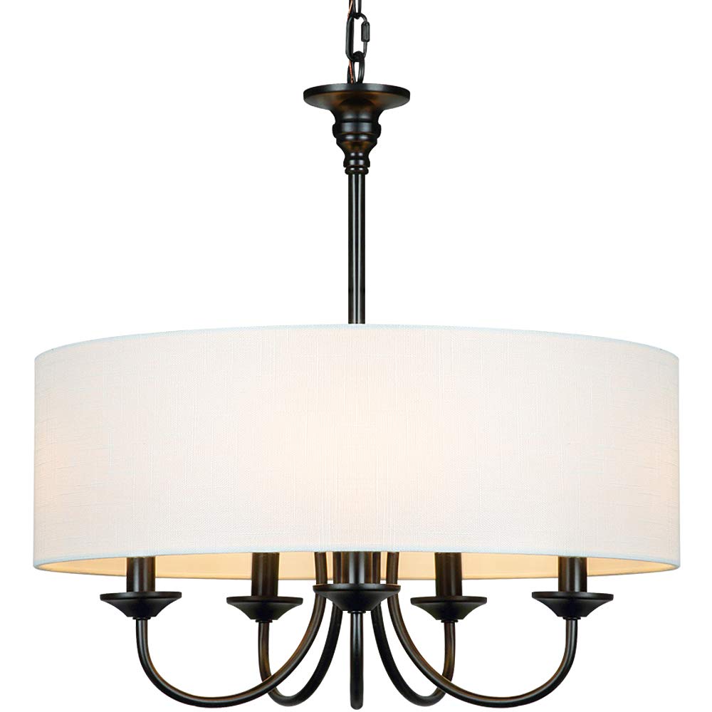 T&A Traditional 5-Light Chandelier with White Linen Drum Shade - 20