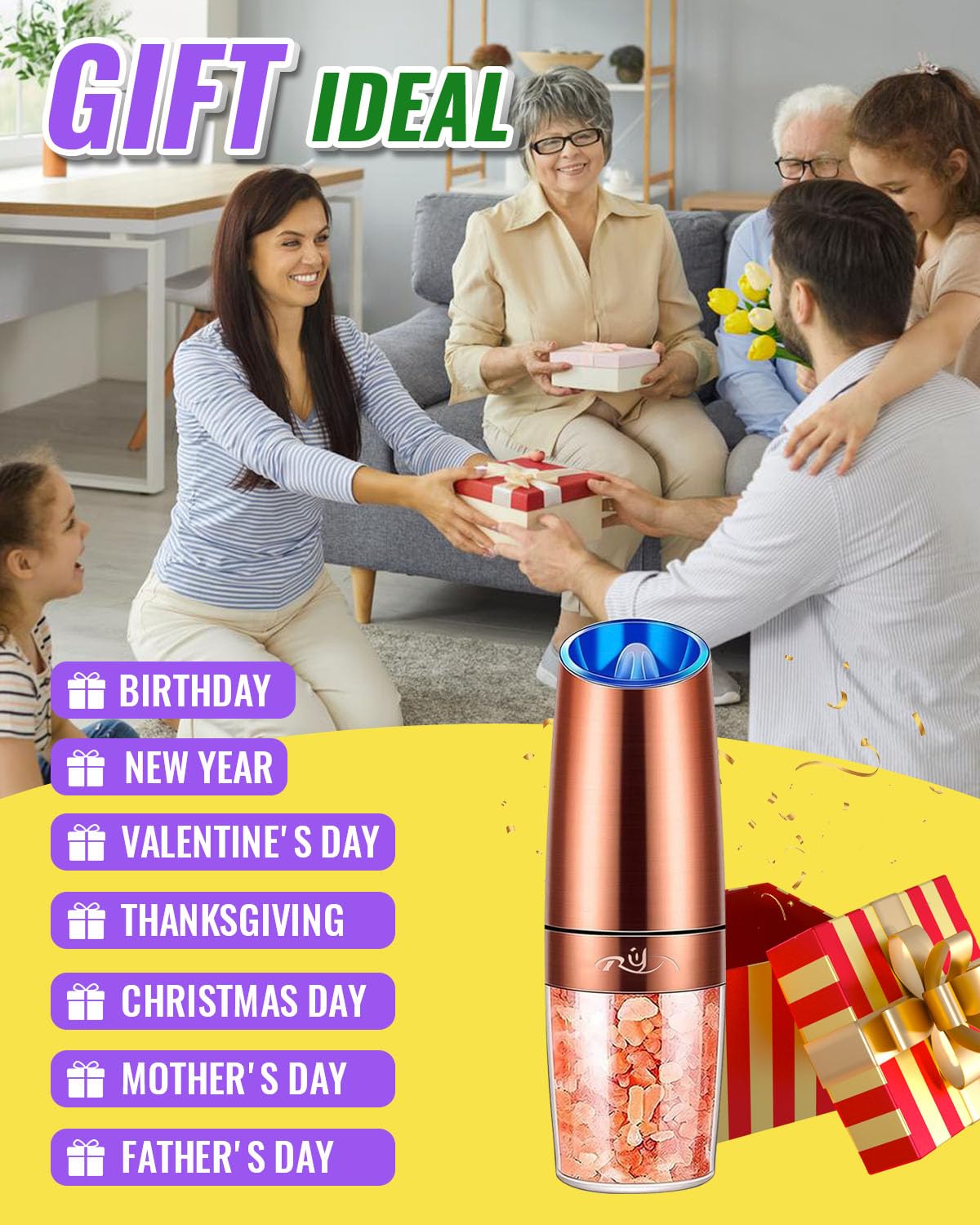 Premium Electric Gravity Salt and Pepper Grinder Set - Ceramic Rotor, Stainless Steel Body with Blue LED Light - Battery Powered Adjustable Coarseness Mill - One-Hand Operation - Perfect for Kitchen, Dining Table & Outdoor BBQ (Copper Finish)
