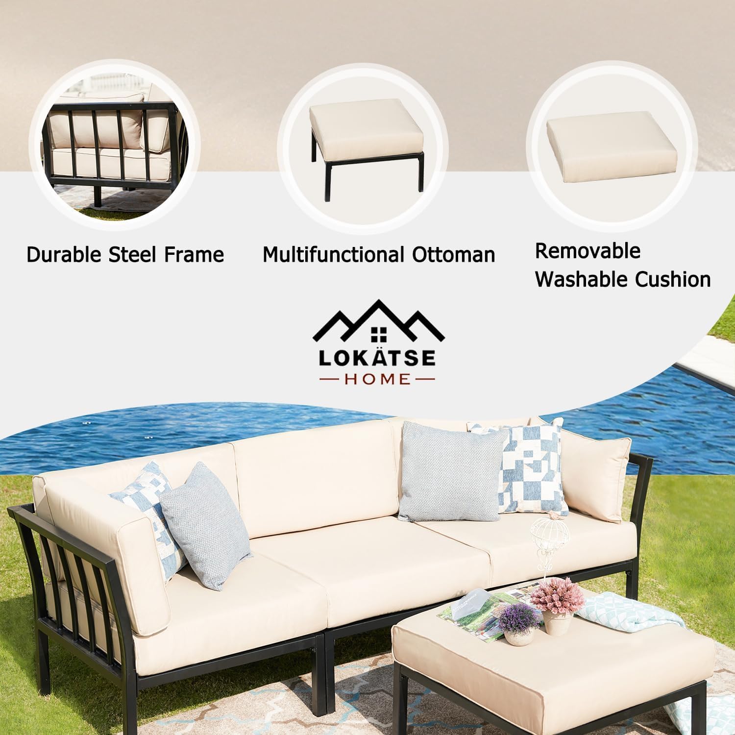 LOKATSE HOME 4-Piece Outdoor Patio Furniture Set - Waterproof Wicker Sectional Sofa with 2 Corner Chairs, 1 Armless Chair & Ottoman - Khaki Cushions - Perfect for Backyard, Garden, Poolside & Patio Relaxation