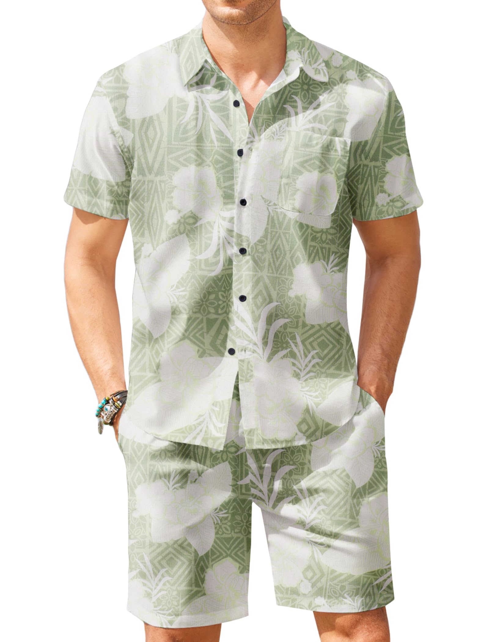 COOFANDY Men's Hawaiian Floral Print 2-Piece Outfit - Matching Short Sleeve Shirt & Shorts Set for Summer Beach Vacation, Pool Party & Tropical Getaway