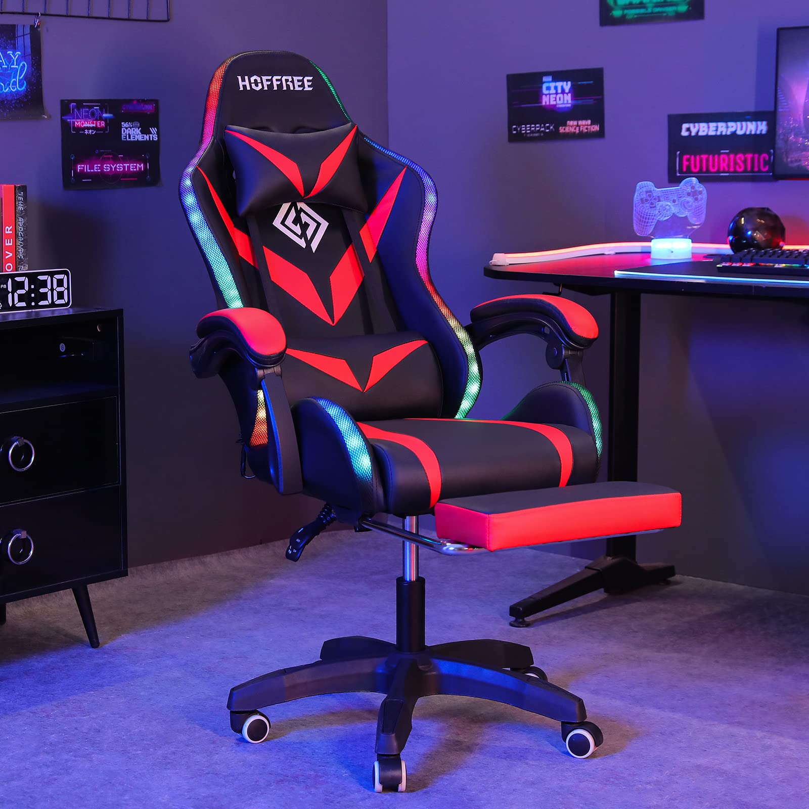 RGB Gaming Chair with Bluetooth Speakers & LED Lights - Ergonomic Massage Computer Chair with Adjustable Footrest, High Back & Lumbar Support - Red & Black Gaming Throne for PC, Console & Streaming Setup