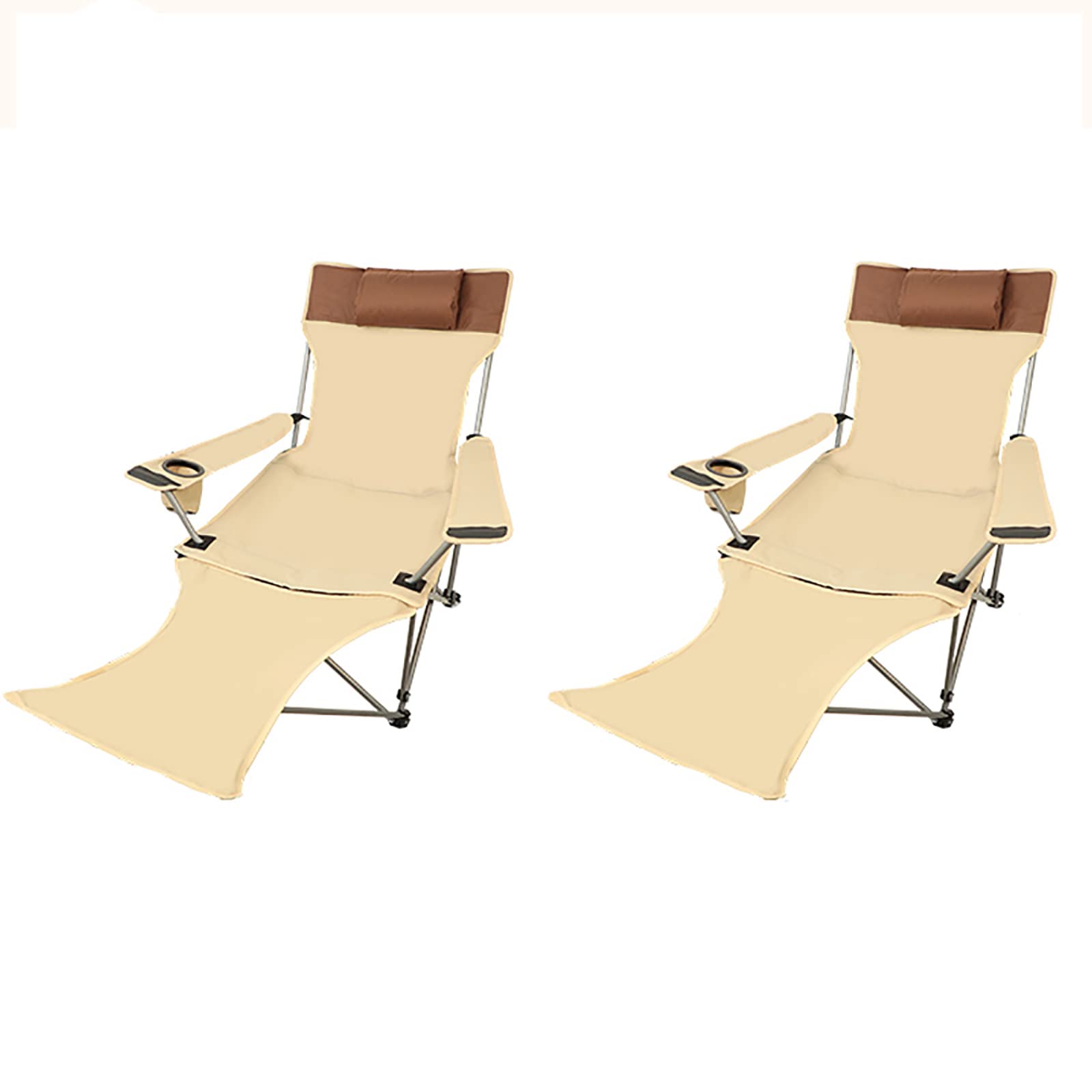 Portable Folding Lounge Chair - Lightweight Camping & Beach Recliner with Adjustable Backrest, Cup Holder & Pillow - Outdoor Garden, Patio, Poolside Relaxation (Khaki, 2-Pack)