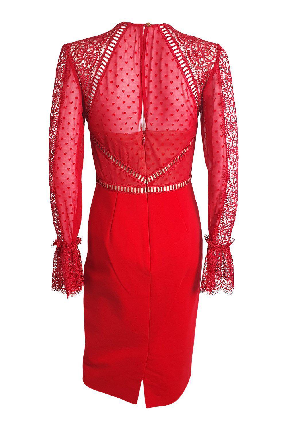 CATHERINE DEANE Nieve Macramé Lace Swiss Dot Chiffon Red Cocktail Dress | UK Size 8 | Perfect for Weddings, Parties & Special Occasions