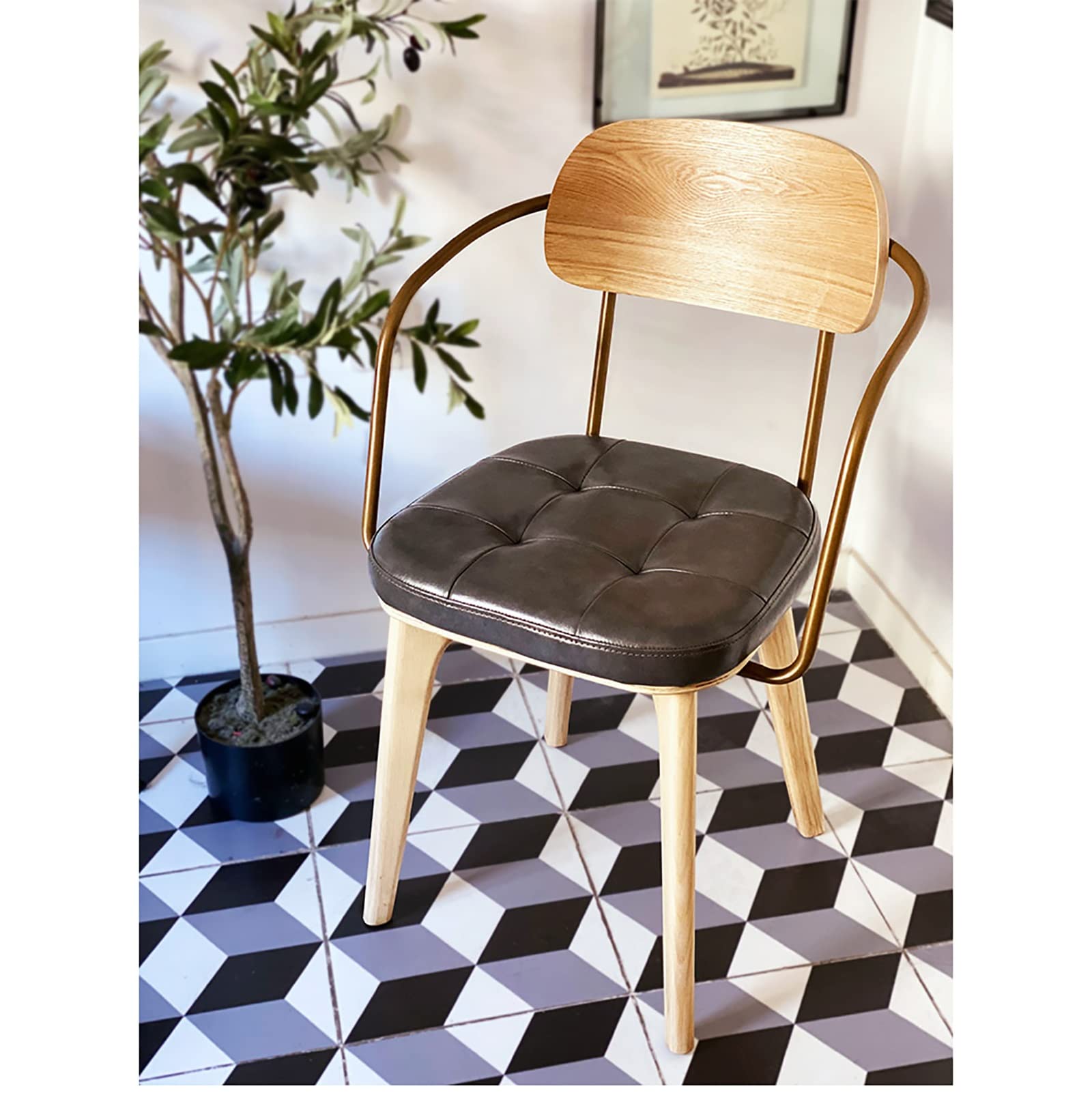 Industrial Metal and Solid Wood Coffee Chair - Modern Leather Dining Chair with Armrests - Soft Cushioned Designer Chair for Home, Cafe, and Office (Color: F)