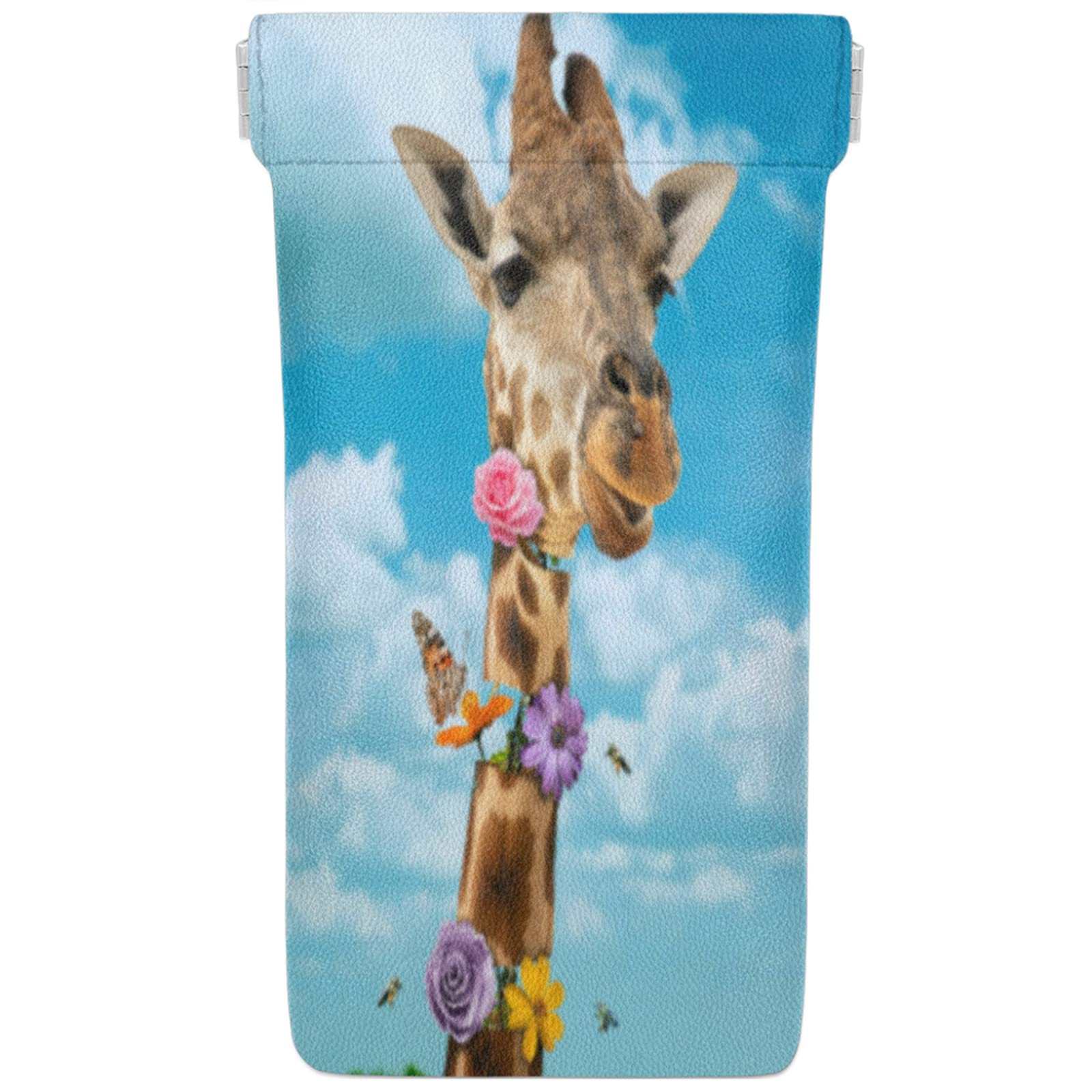 Premium PU Leather Sunglasses Pouch with Squeeze Top - Soft Anti-Scratch Eyeglasses Case for Women & Men - Giraffe & Butterfly Design (Rose/Daisy Patterns) - Perfect for Travel, Beach, Outdoor Activities & Daily Use