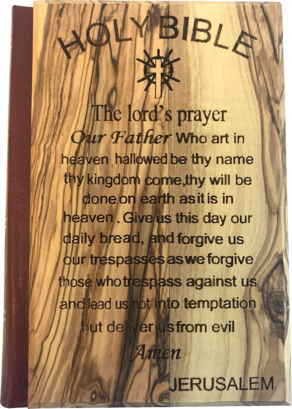 Jerusalem Bible - Olive Wood Cover with Carved Lord's Prayer - English Edition (1094 Pages) - Perfect for Christian Devotion, Bible Study & Gift Giving