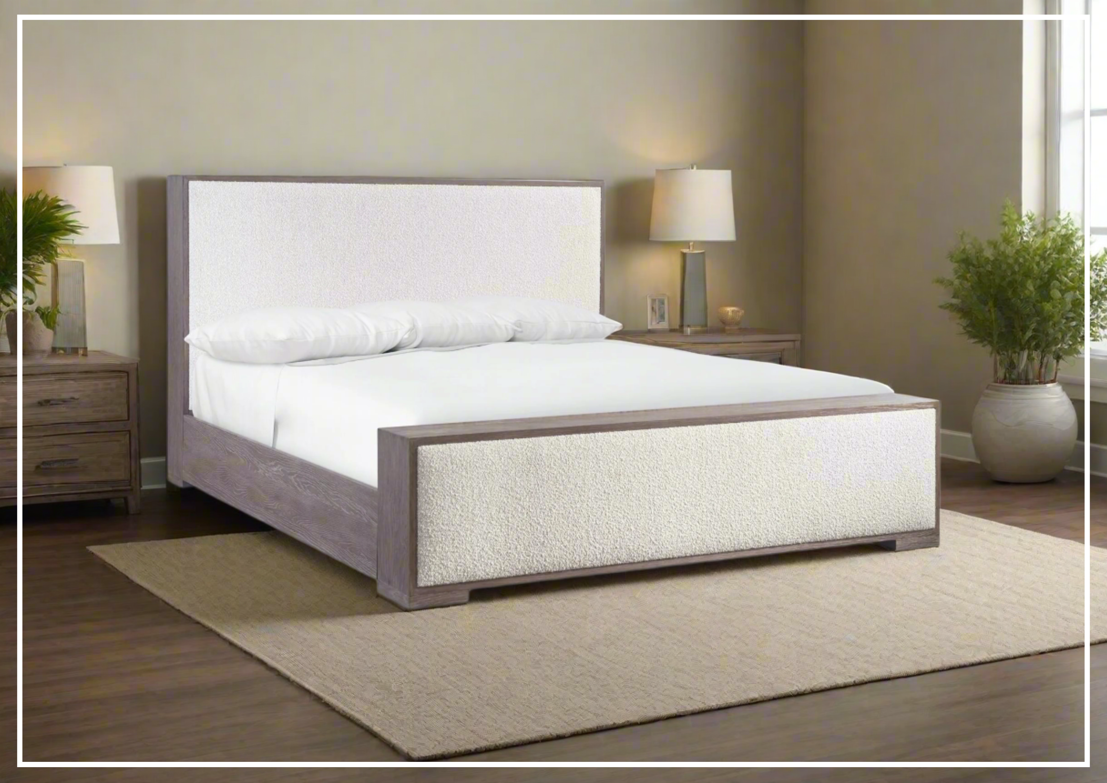 Bernhardt Casa Paros Upholstered Panel Bed - Queen Size Platform Bed Frame in Playa Brown Fabric | Modern Bedroom Furniture for Master Bedroom & Guest Room