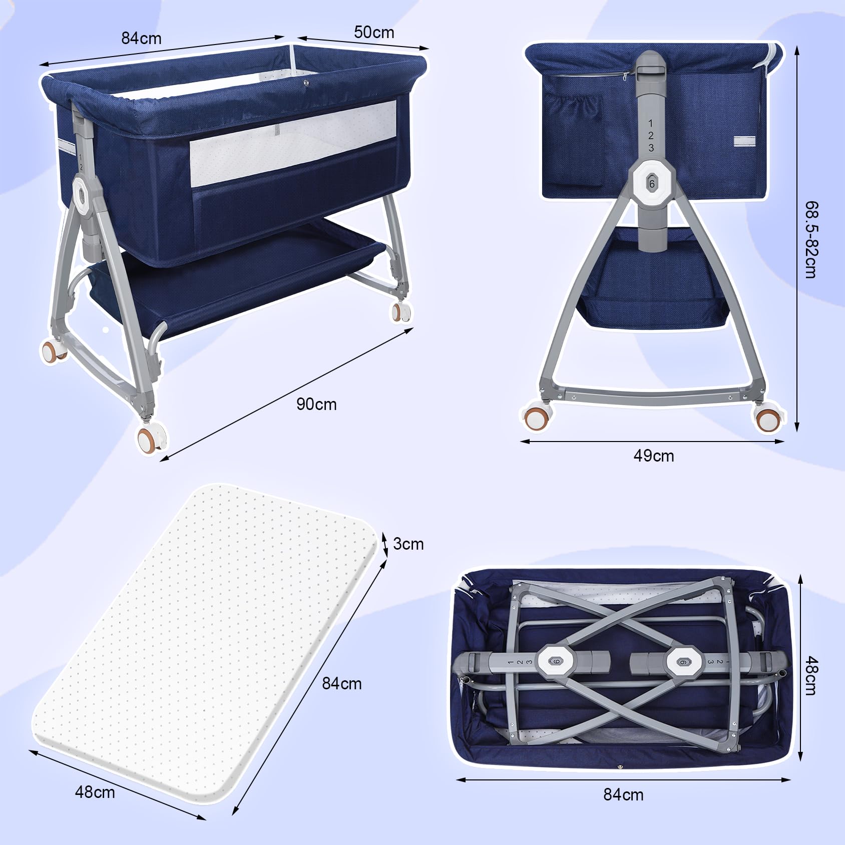 YTHFGRT 3-in-1 Adjustable Baby Bassinet Bedside Sleeper - 6 Height Levels & Auto-Lock Wheels - Portable Crib for Newborns & Infants - Perfect for Breastfeeding, Co-Sleeping & Nursery Room