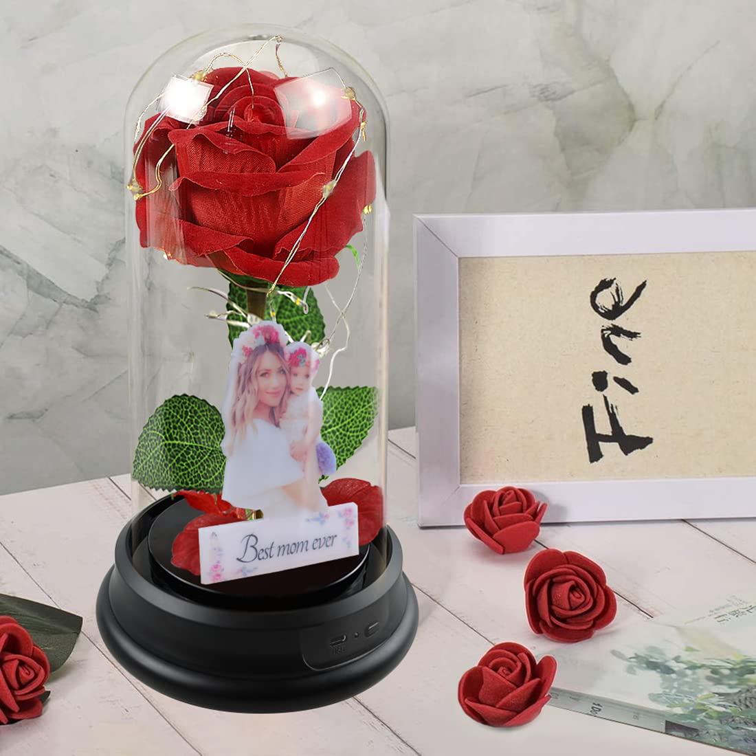 Personalized Photo Eternal Rose Night Light - Custom LED Rose in Glass Dome with Picture, Romantic Bedroom Decor for Valentine's Day, Christmas, Anniversary - Perfect Gift for Wife, Girlfriend, Mom (Home Decor, Wedding Present, Birthday Surprise)