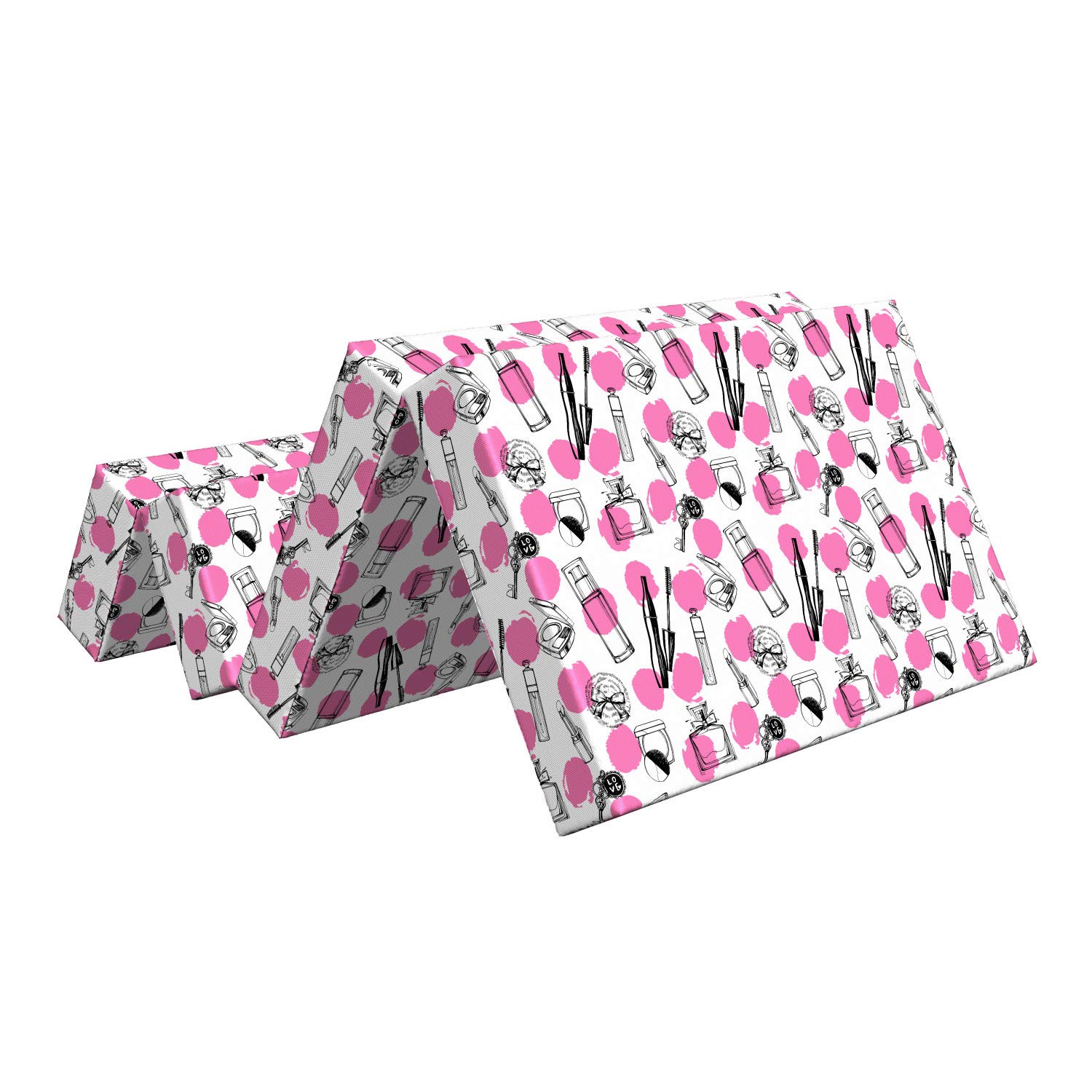 Ambesonne Feminine Foldable Mattress - Pink & Charcoal Grey Makeup Themed Twin Size (74.8