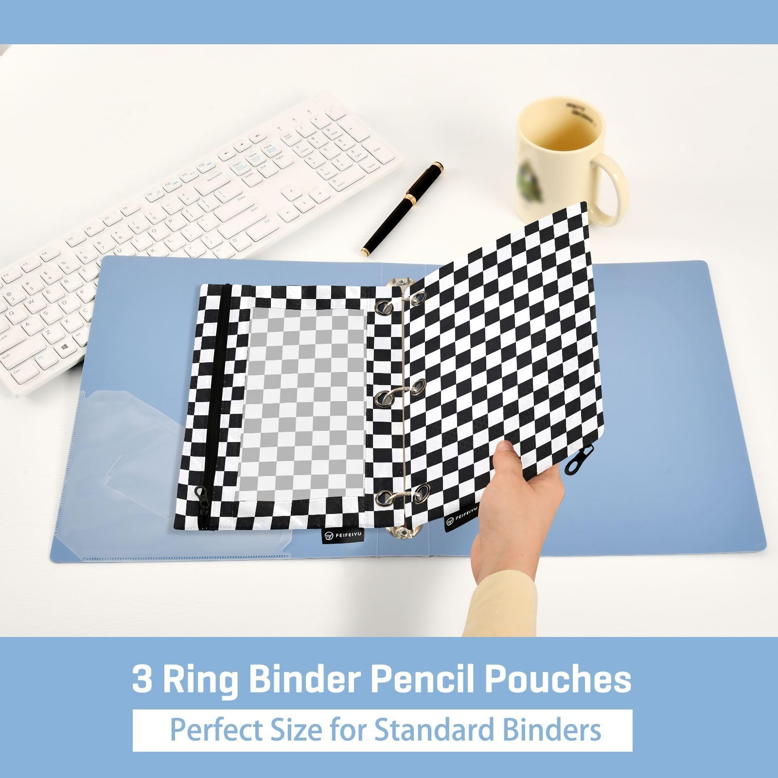 Waterproof Black & White Checkered Pencil Pouch with Clear Window - 2 Pack School Supplies for 3 Ring Binder, Kids, Boys & Girls - Perfect for Classroom, Office & Organization