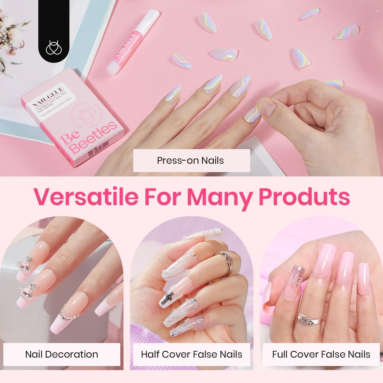 Beetles Super Strong Nail Glue for Acrylic & Press On Nails - Professional Long Lasting Adhesive for Fake Nails, Nail Tips & Stick On Nails - 0.07oz (5 Pack) - Perfect for Salon, Home Manicures & Nail Extensions