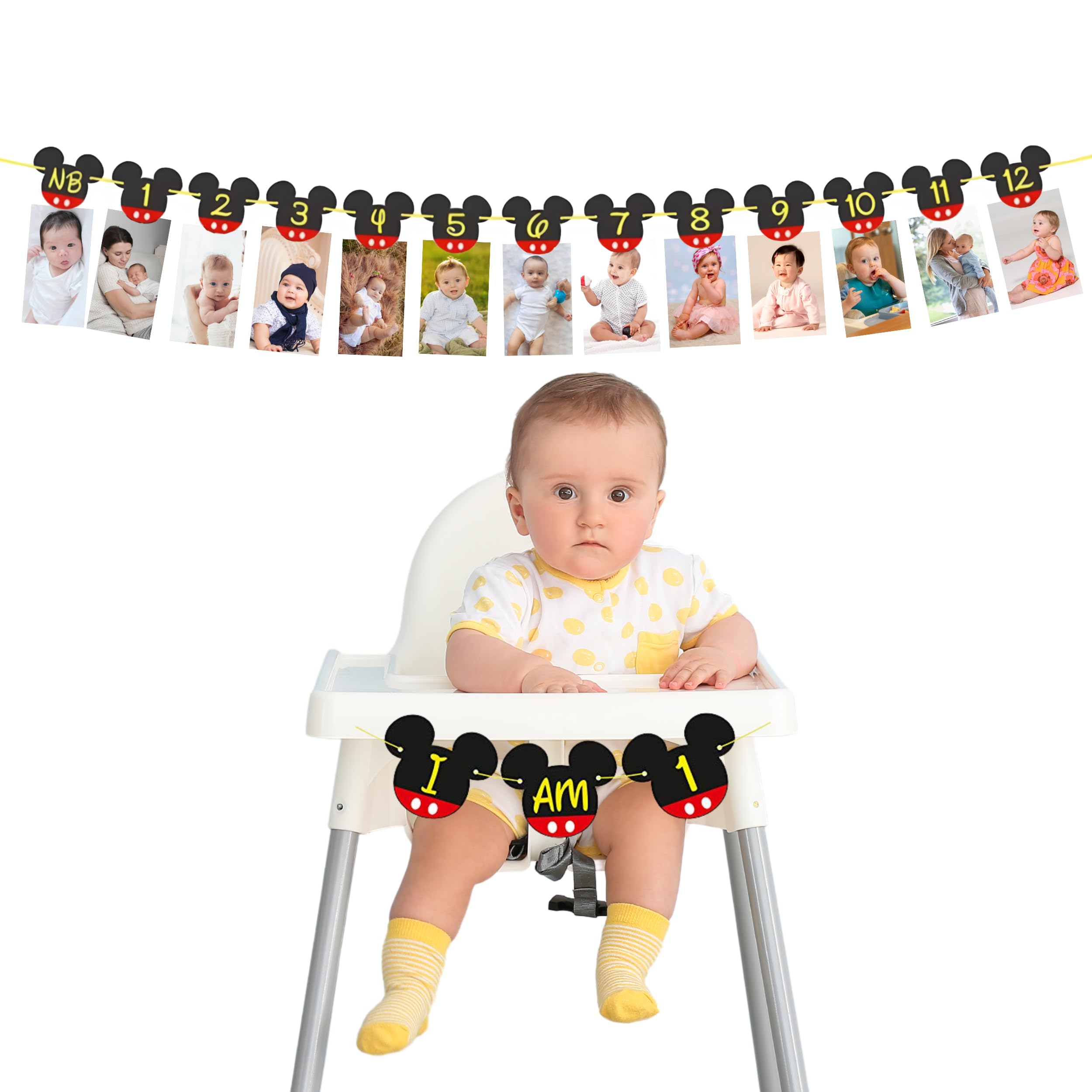 Mickey Mouse 1st Birthday Banner Decorations - Newborn to 12 Months First Birthday Party Supplies with 'I Am One' Highchair Banner - Perfect for Baby Boy's First Birthday Party & Mickey Mouse Themed Decor