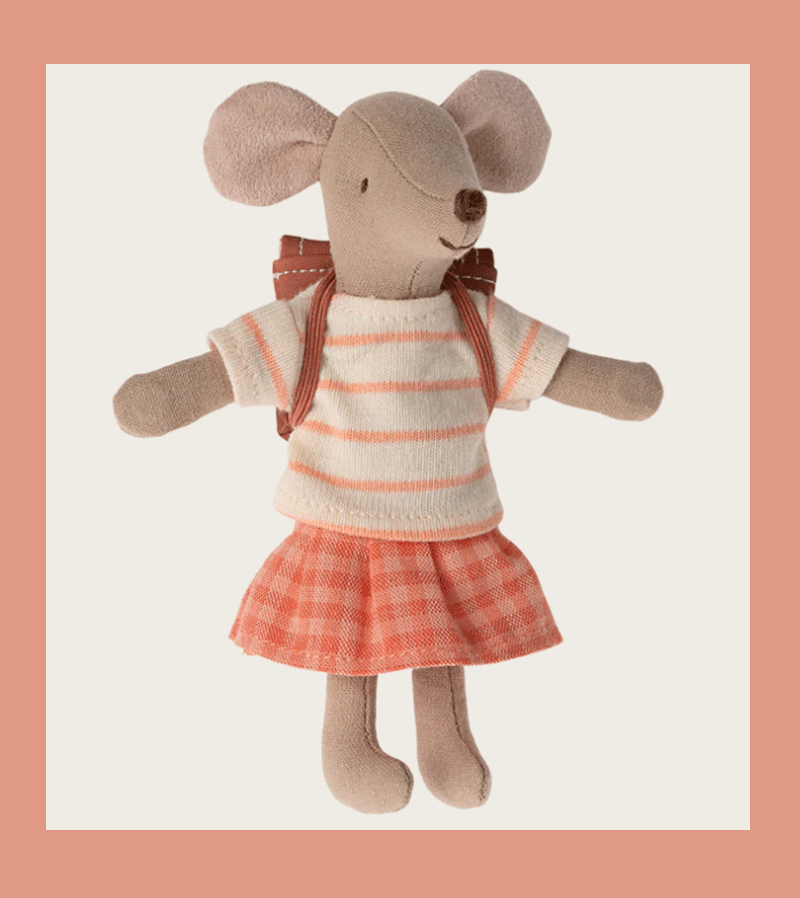 Maileg Big Sister Tricycle Mouse with Backpack - Adorable Plush Toy for Kids, Perfect for Pretend Play, Gift Giving & Nursery Decor