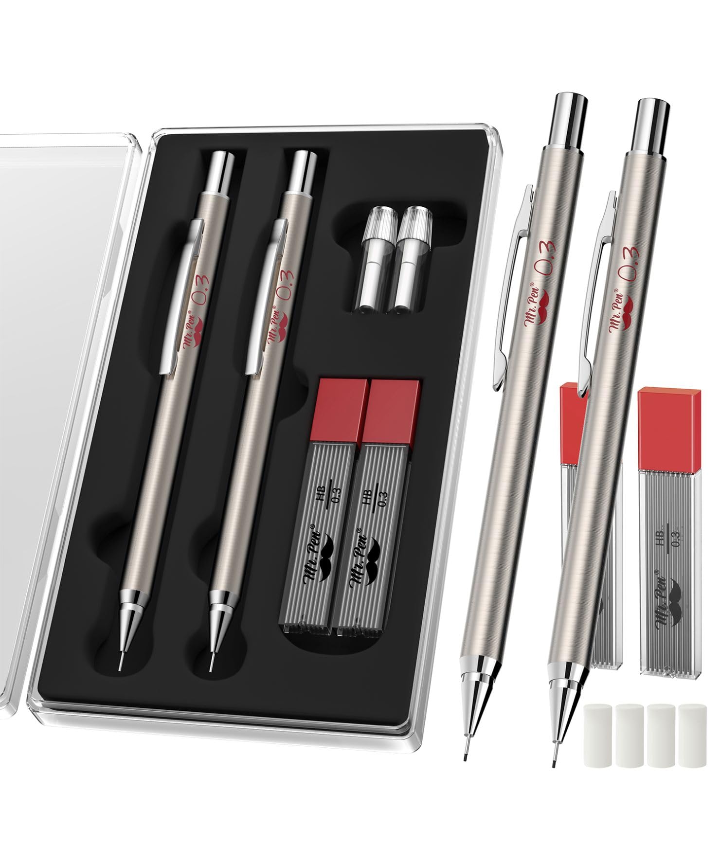 Premium 0.3mm Silver Metal Mechanical Pencils (2-Pack) - Perfect for Artists, Engineers & Technical Drawing - Ideal for Sketching, Drafting & Precision Writing