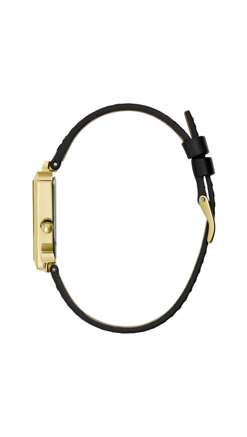 GUESS Ladies 34mm Gold-Tone Watch with Black Leather Strap & Champagne Dial - Perfect for Office, Date Night & Everyday Wear
