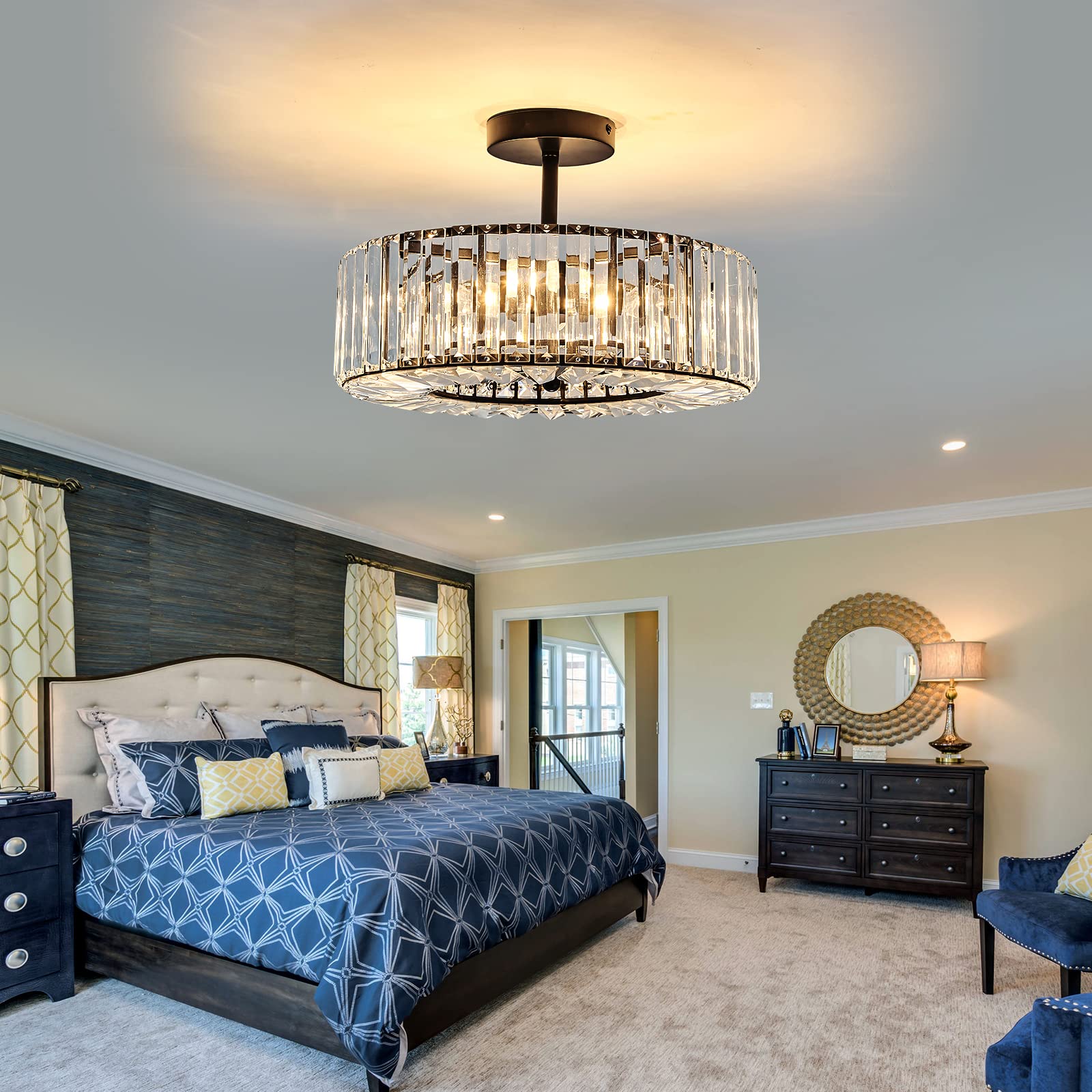4-Light Modern Crystal Chandelier - Black Round Semi-Flush Mount Ceiling Light Fixture - Farmhouse Style Lighting for Dining Room, Living Room, Bedroom, Hallway, Entryway & Kitchen - Perfect for Home Decor, Wedding Venues and Restaurants