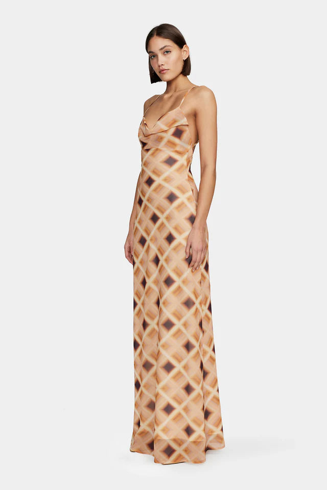 Elegant Remy Caramel Check Cowl Neck Strappy Maxi Dress for Women - Perfect for Weddings, Parties & Summer Vacations