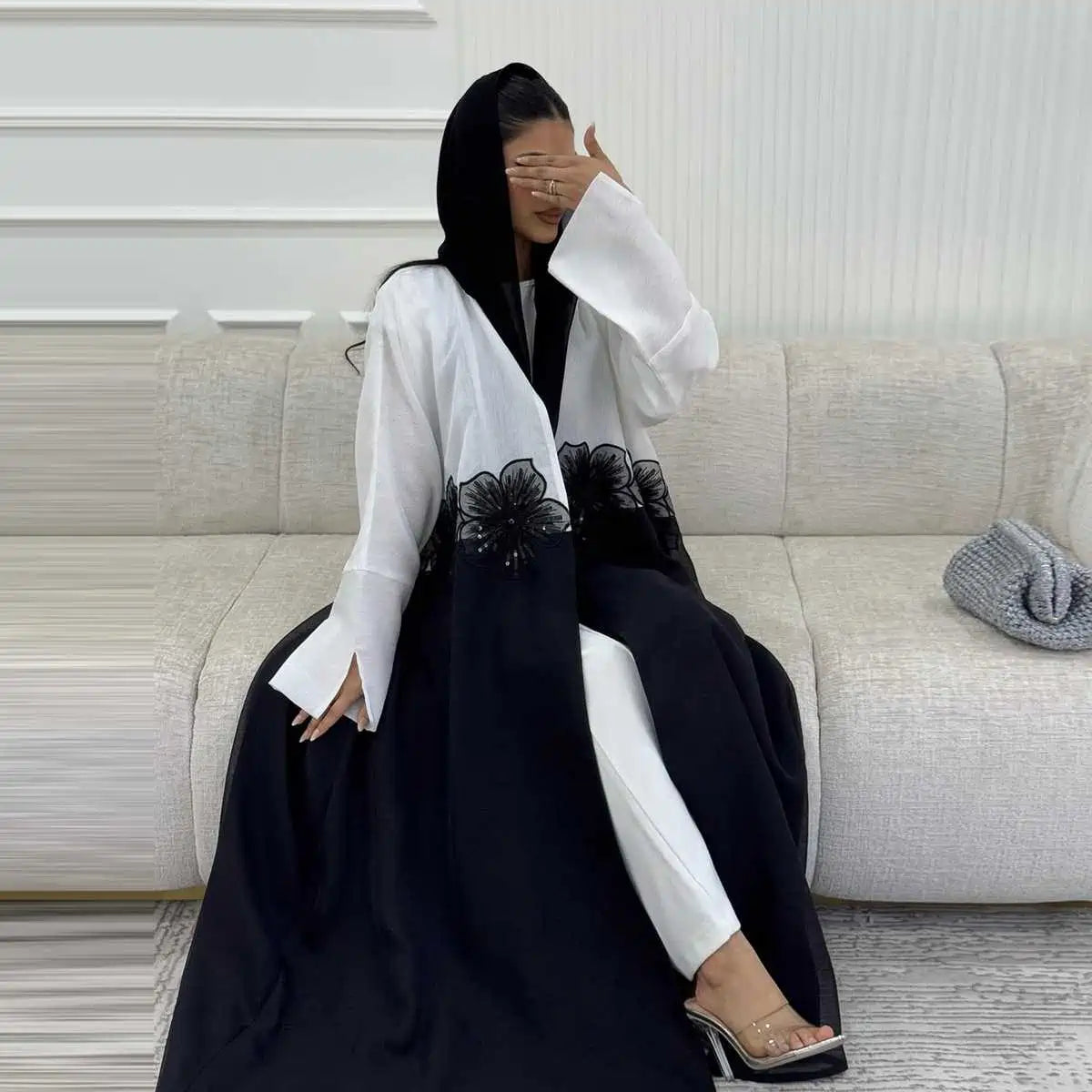 Urgarment 3D Appliques Cardigan Open Abaya Dress for Women - Elegant Long Sleeve Muslim Kaftan Robe #25210 | Perfect for Eid, Wedding, Party & Special Occasions