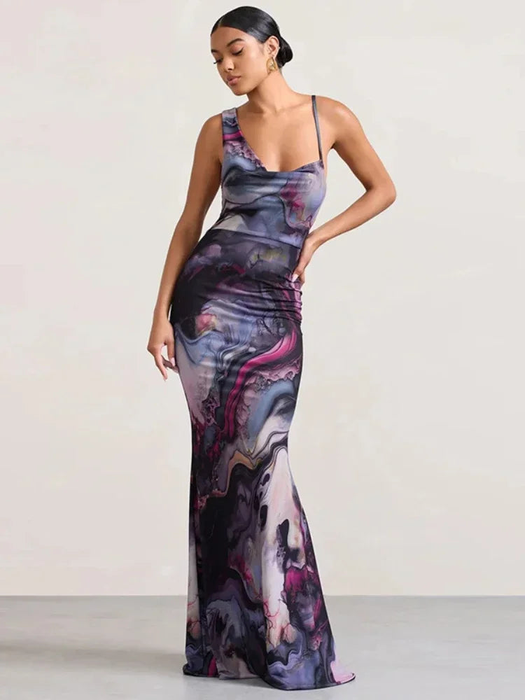 Elegant Purple Printed Asymmetrical Backless Maxi Dress for Women - Sexy Party Dress for Ladies, Perfect for Evening Events, Prom, Cocktail Parties & Date Nights - C83 BG31