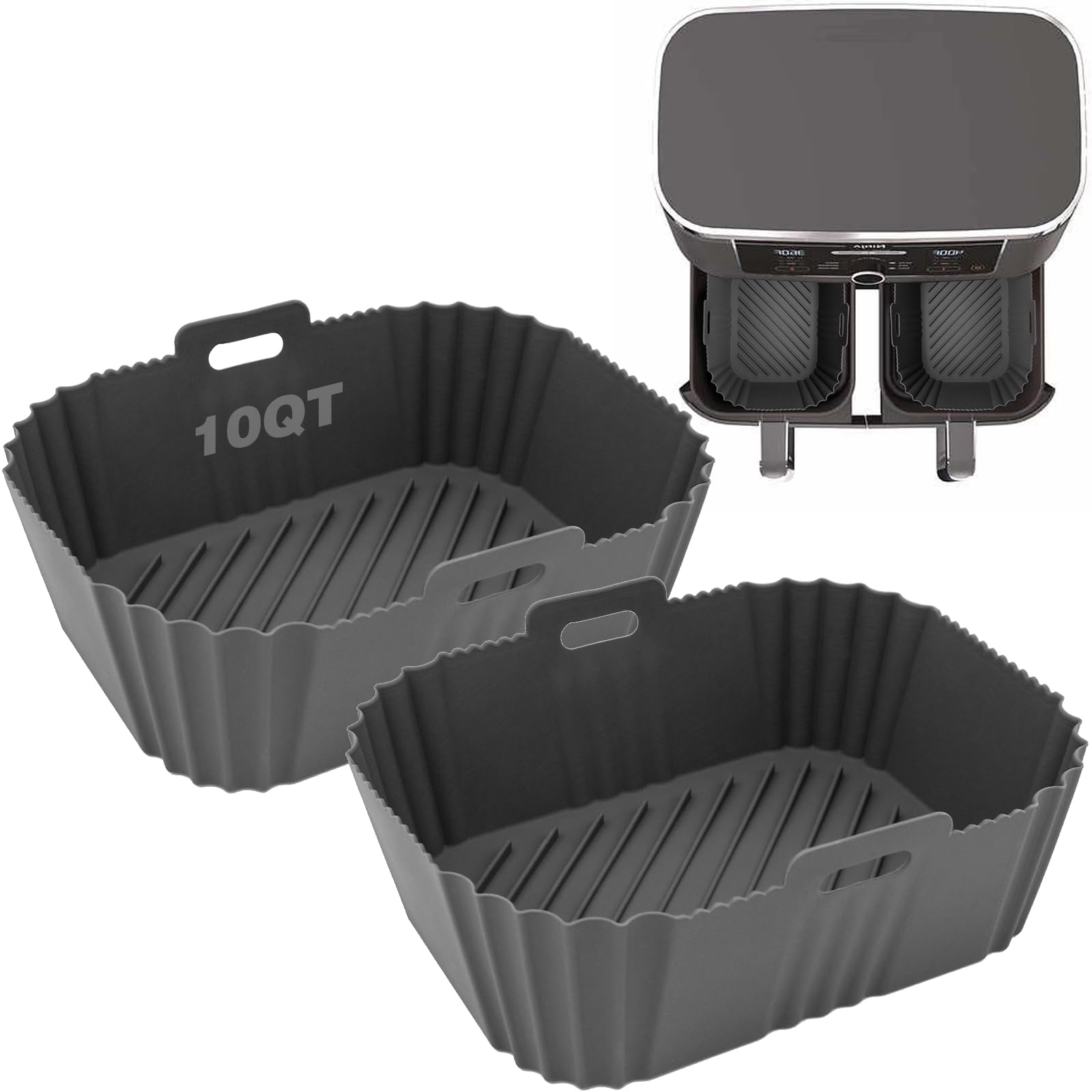 8-10QT Air Fryer Silicone Liner for Ninja SL401/DZ302/DZ550/DZ401 - Large Rectangular Non-Stick Baking Pan, Reusable Dual Basket Insert Accessories (2-Pack) - Perfect for Healthy Frying, Roasting, and Baking Chicken Wings, French Fries & Vegetables