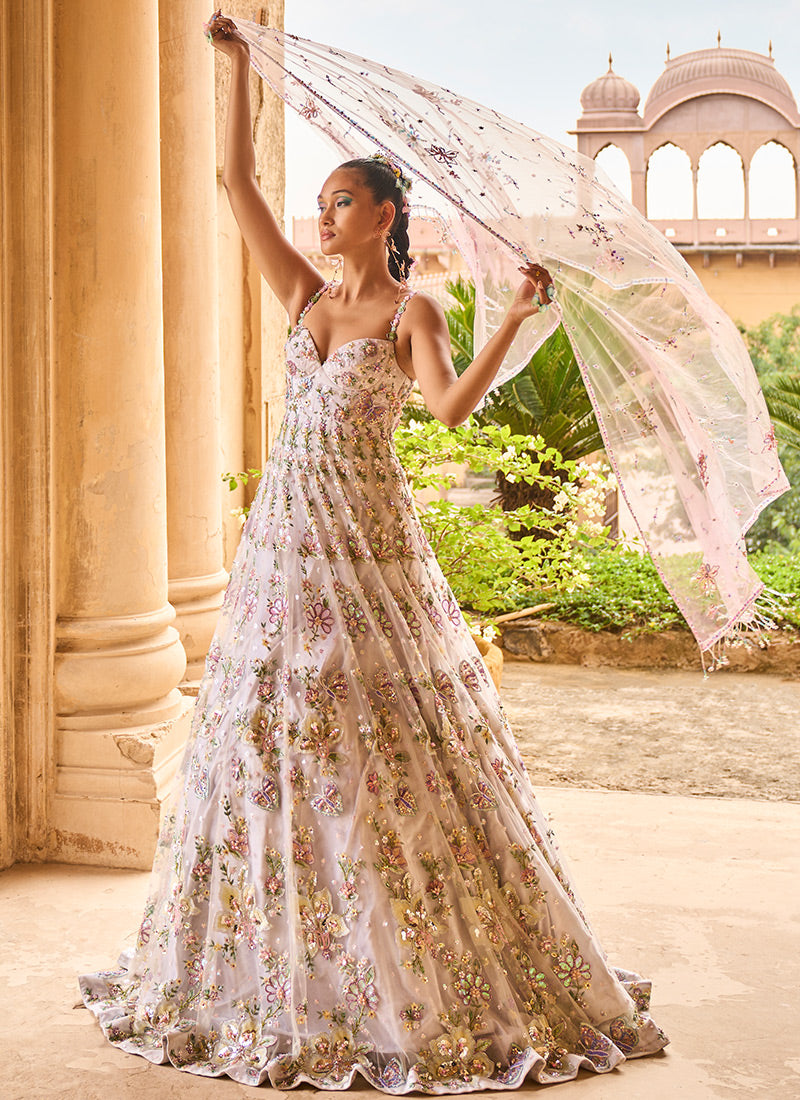 Elegant Light Grey Heavy Embellished Net Anarkali Gown for Women - Perfect for Weddings, Parties & Special Occasions