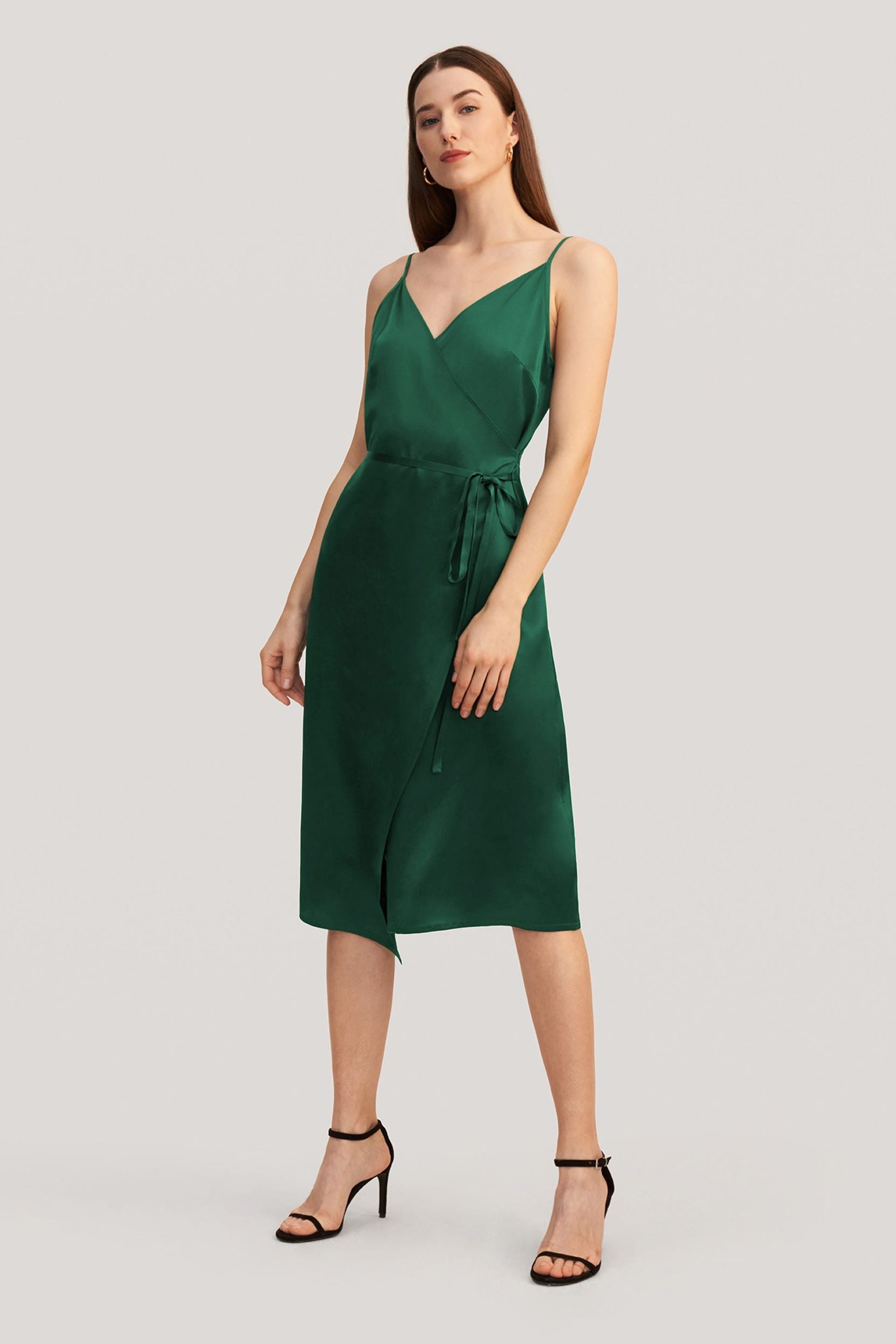 Elegant V-Neck Tie Waist Silk Evening Gown - Perfect for Formal Events, Weddings & Cocktail Parties
