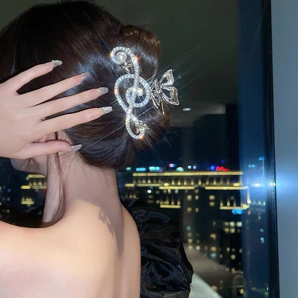 Large Metal Hair Claw Clips with Music Note Design - Crystal Rhinestone Jaw Clamp Barrettes for Thick Long Hair | Non-Slip Strong Hold Hair Clips for Women | Perfect for Concerts, Weddings & Everyday Styling