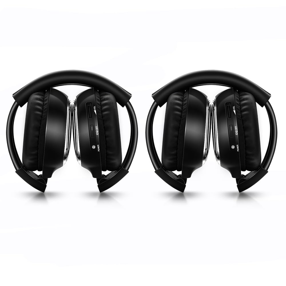 Universal 2 Channel IR Foldable Wireless Headphones for Kids - Infrared Headset for Car DVD Video & Entertainment System (2 Pack) - Perfect for Road Trips, Airplane Travel and Home Movie Nights