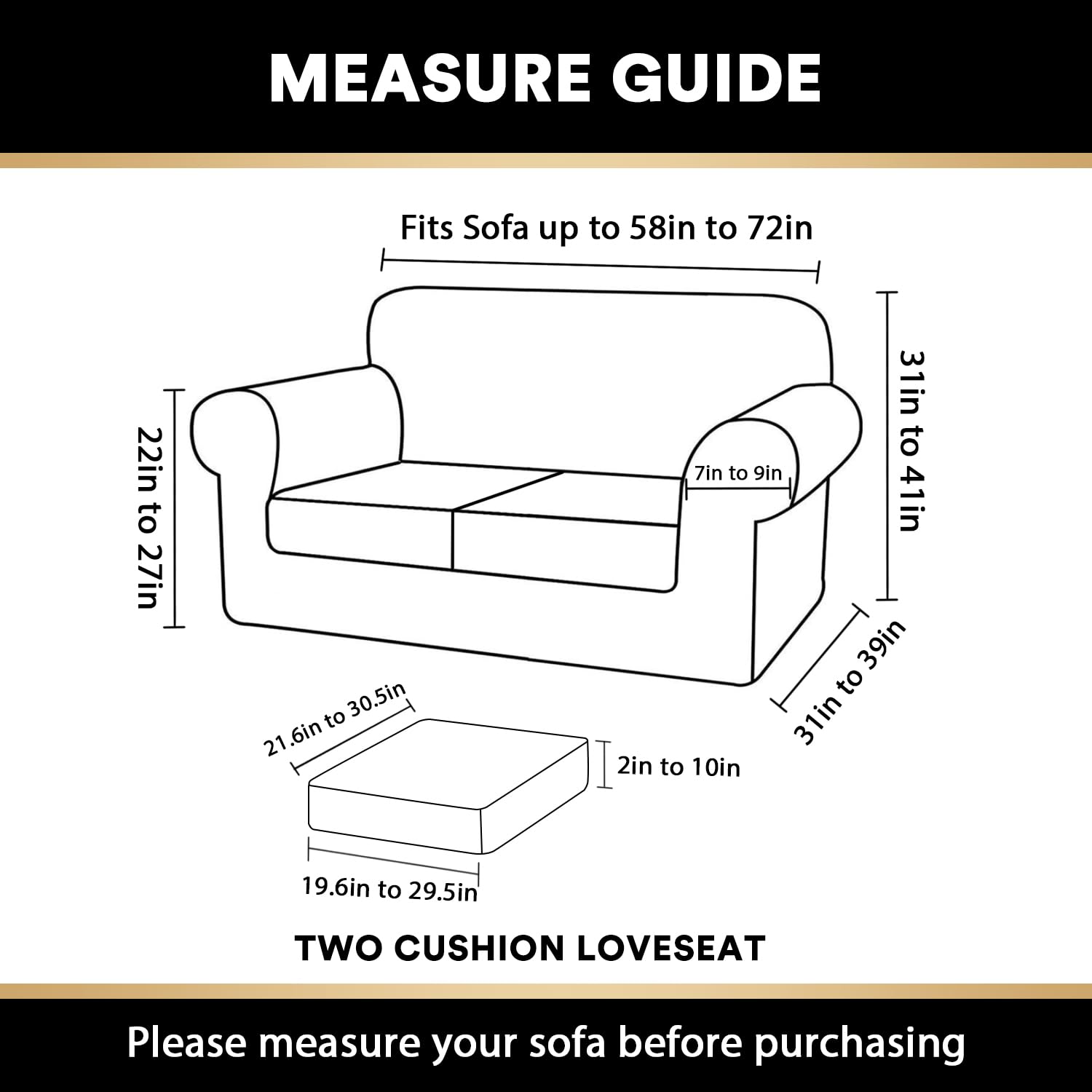 PrinceDeco Velvet 3-Piece Washable No-Slip Sofa Slipcover for 2-Cushion Loveseat (Up to 72