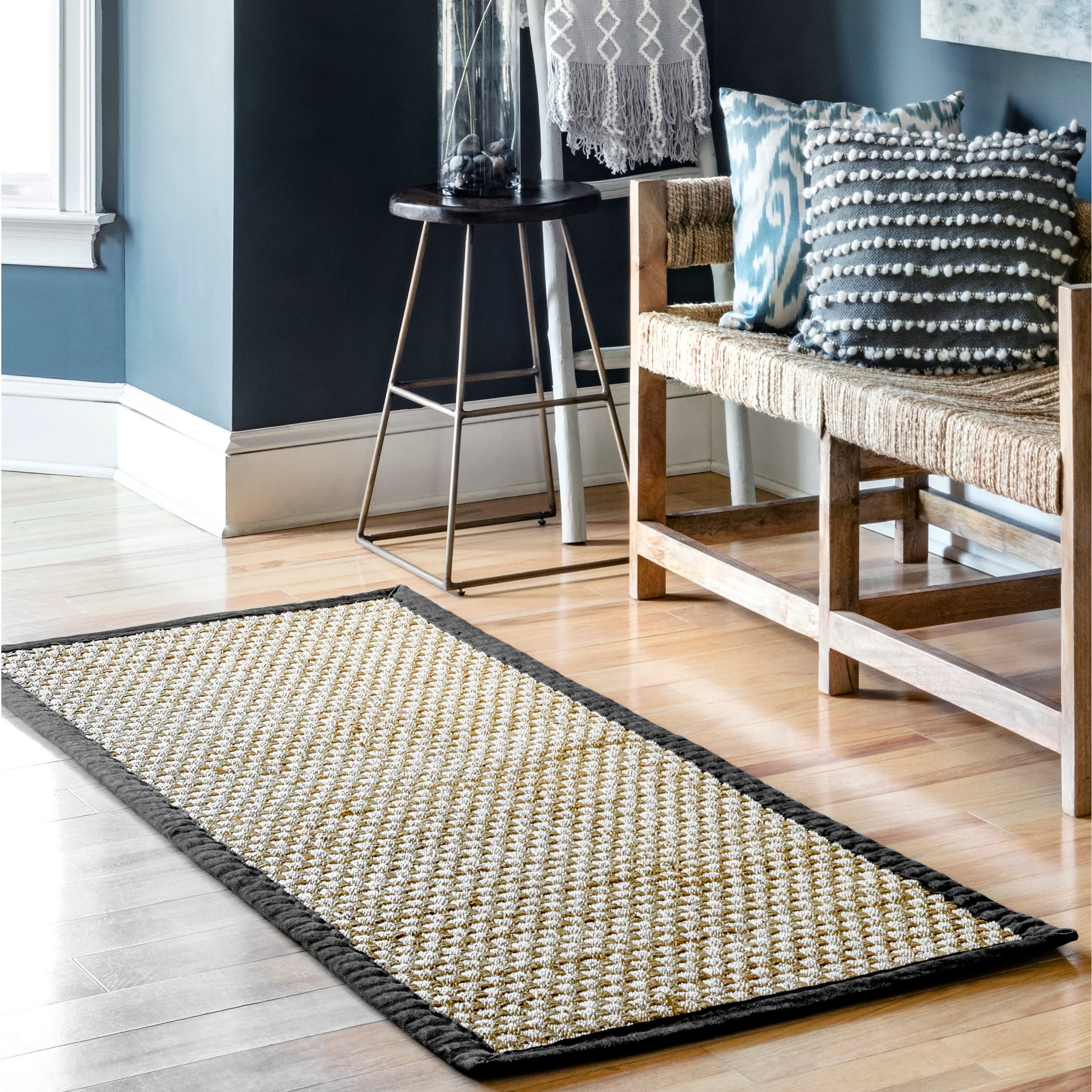 Checker Weave Seagrass Rug - Natural Eco-Friendly Woven Floor Mat | Black | Perfect for Living Room, Bedroom, or Boho Home Decor
