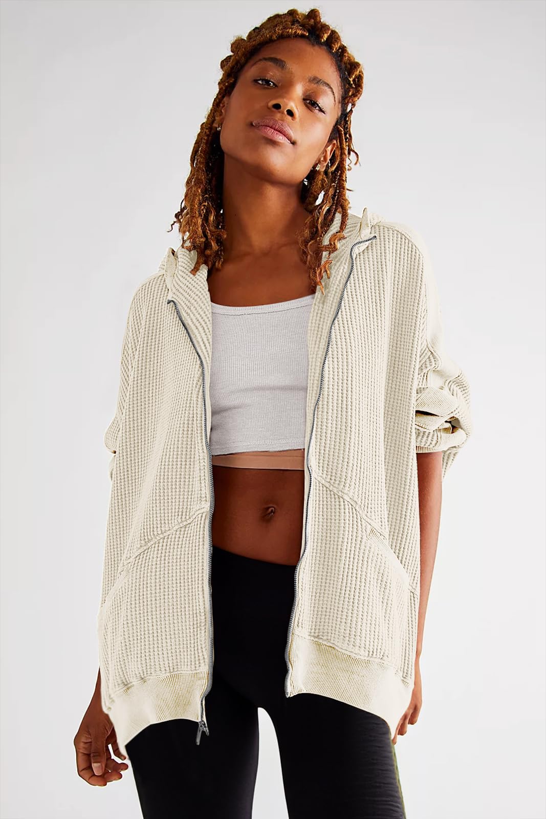 Women's Oversized Waffle Knit Zip-Up Hoodie Jacket - Long Sleeve Shacket Blouse with Pockets | Casual Loungewear, Fall Layering & Streetwear Outfits