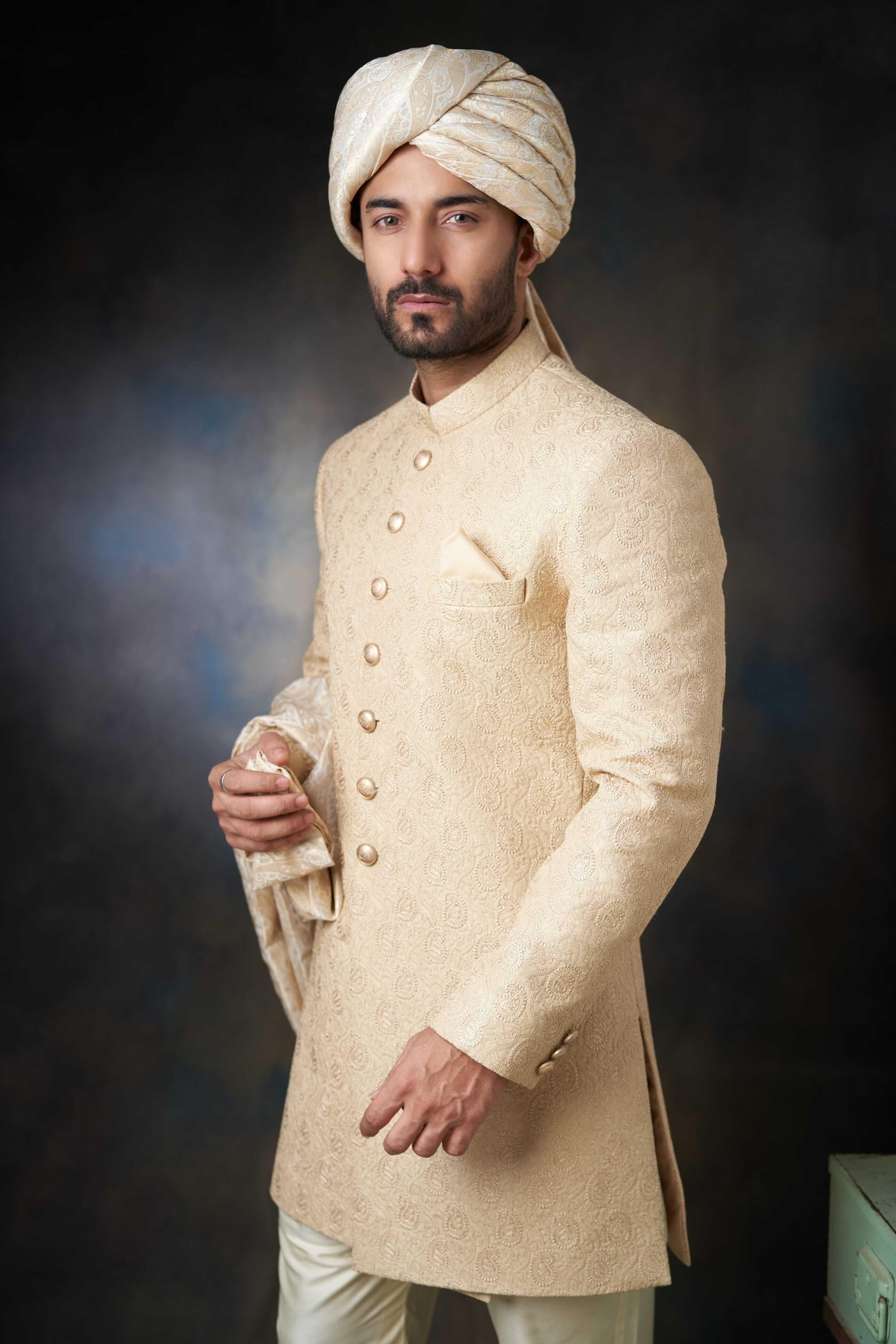 Luxury Gold Paisley Raw Silk Sherwani for Men with Custom AI Signature Buttons - Perfect for Weddings, Indian Festivals & Special Occasions