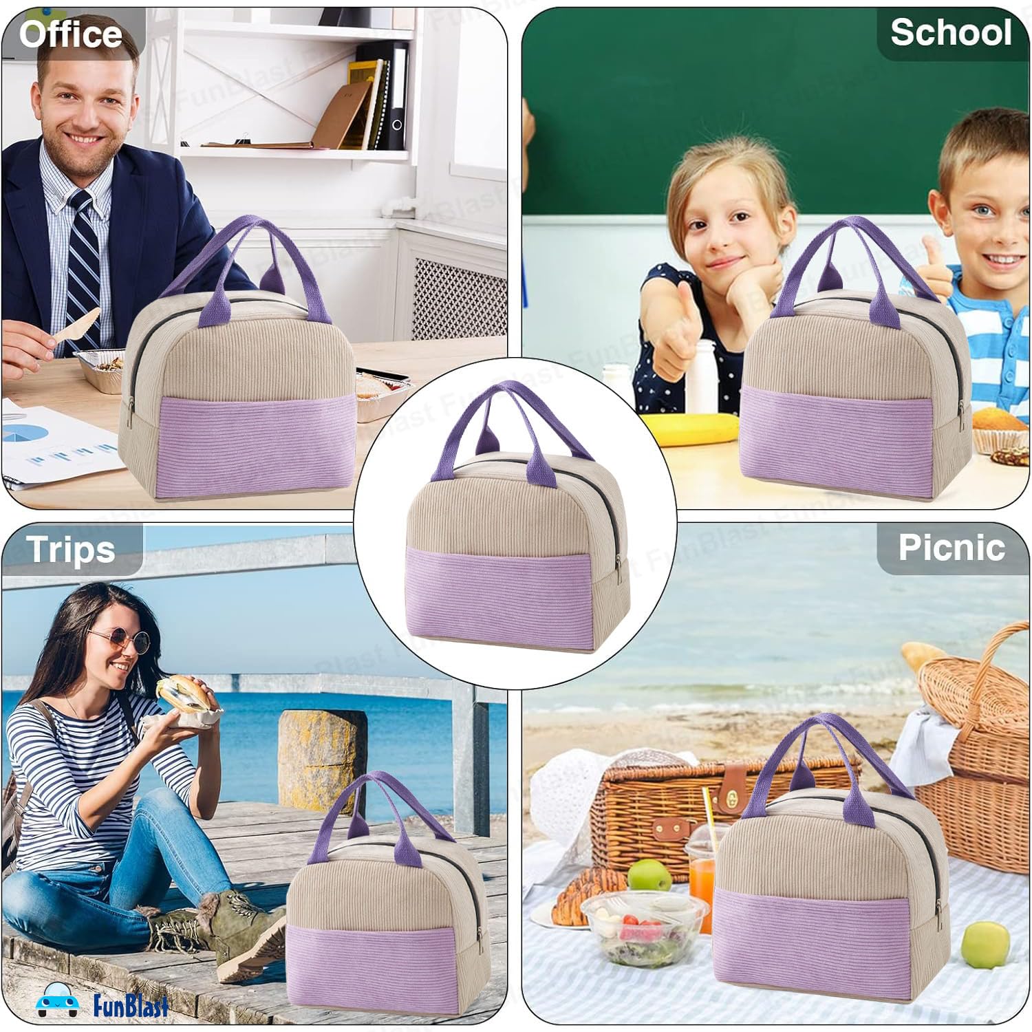 FunBlast Insulated Lunch Bag for Kids, Women & Men – Reusable Tiffin Bag for School, Office & Travel – Leakproof & Thermal Lunch Box Carrier – Perfect for Picnics, Work & Outdoor Activities (Beige)