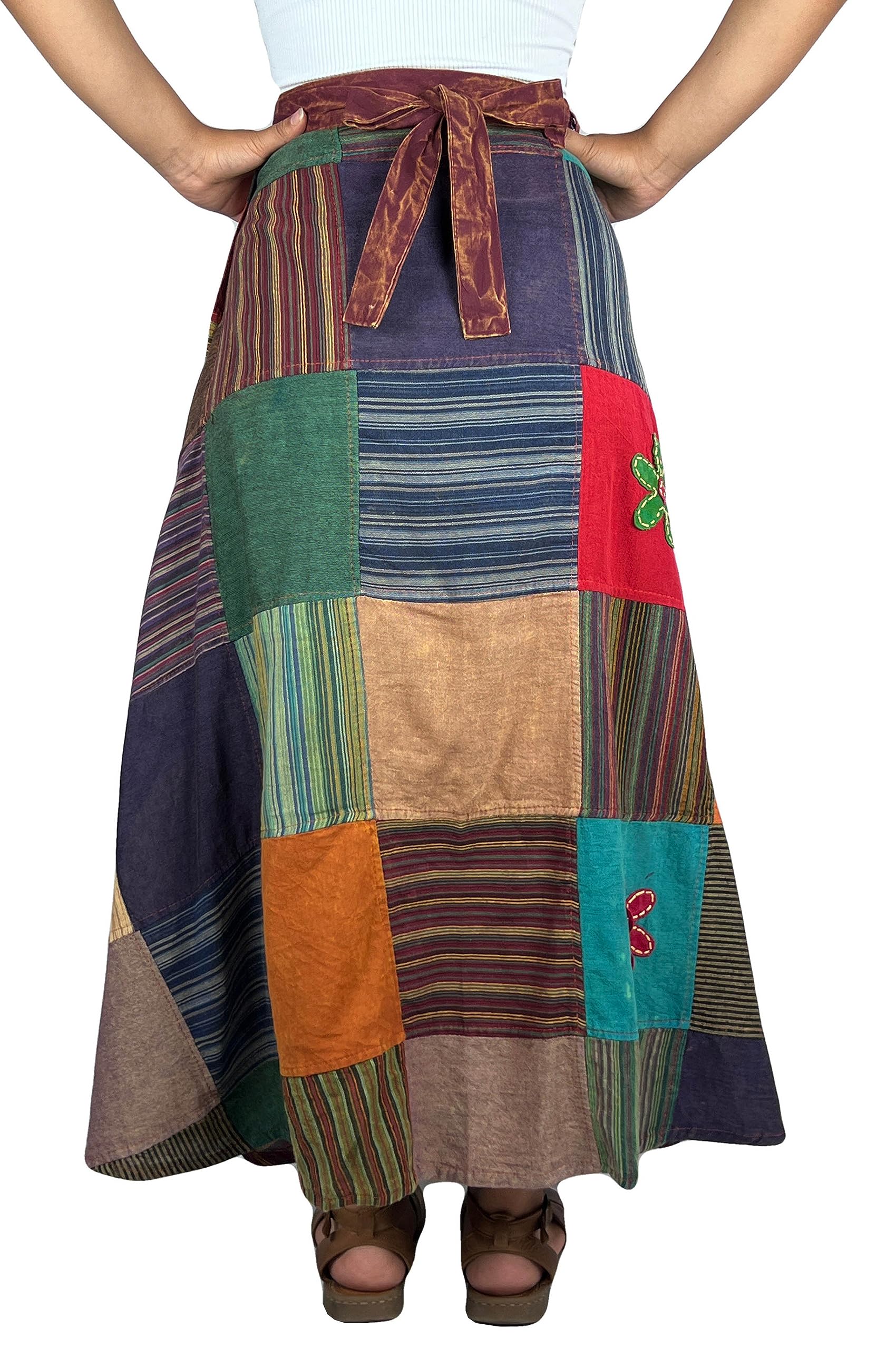 Agan Traders Women's 2025 Spring & Fall Boho Maxi Skirt - High Waisted Long Bohemian Wrap Skirt with Patchwork & Tie-Up Design for Beach, Festival, and Casual Wear