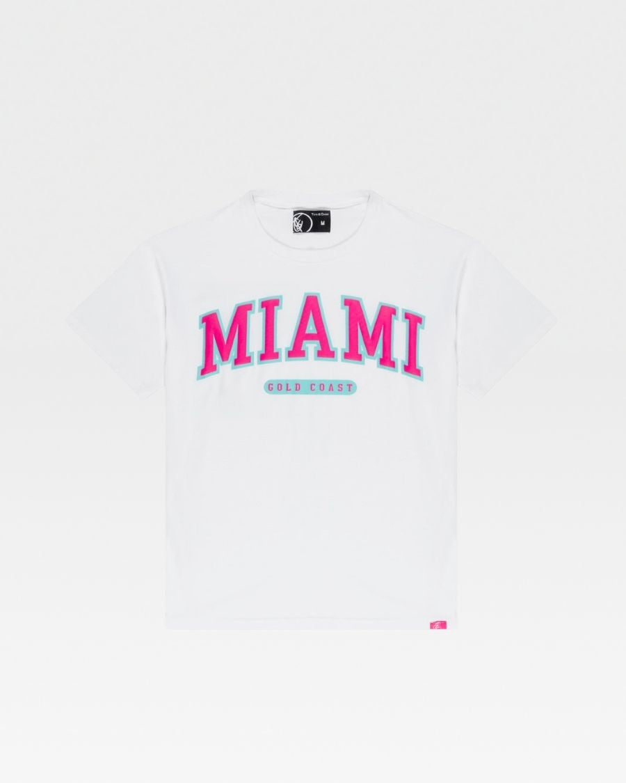 Classic White PINK Miami Travel T-Shirt - Soft Cotton Vintage Style Tee for Vacation, Beach & Summer Outfits