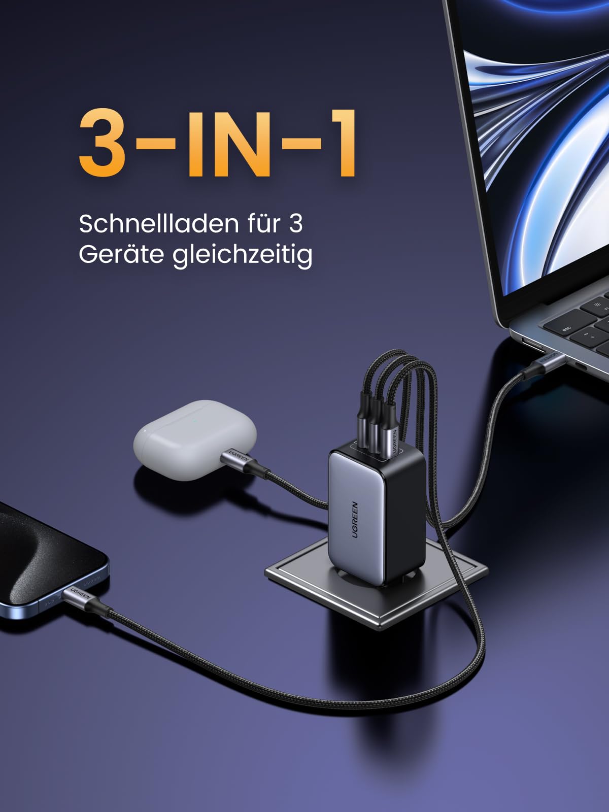 UGREEN Nexode 65W GaN USB C Fast Charger with 3 Ports - Compact PD Charger for MacBook Pro/Air, HP Laptop, iPad Pro, iPhone 16/16 Pro, Galaxy S24 - Perfect for Travel, Office & Home Charging