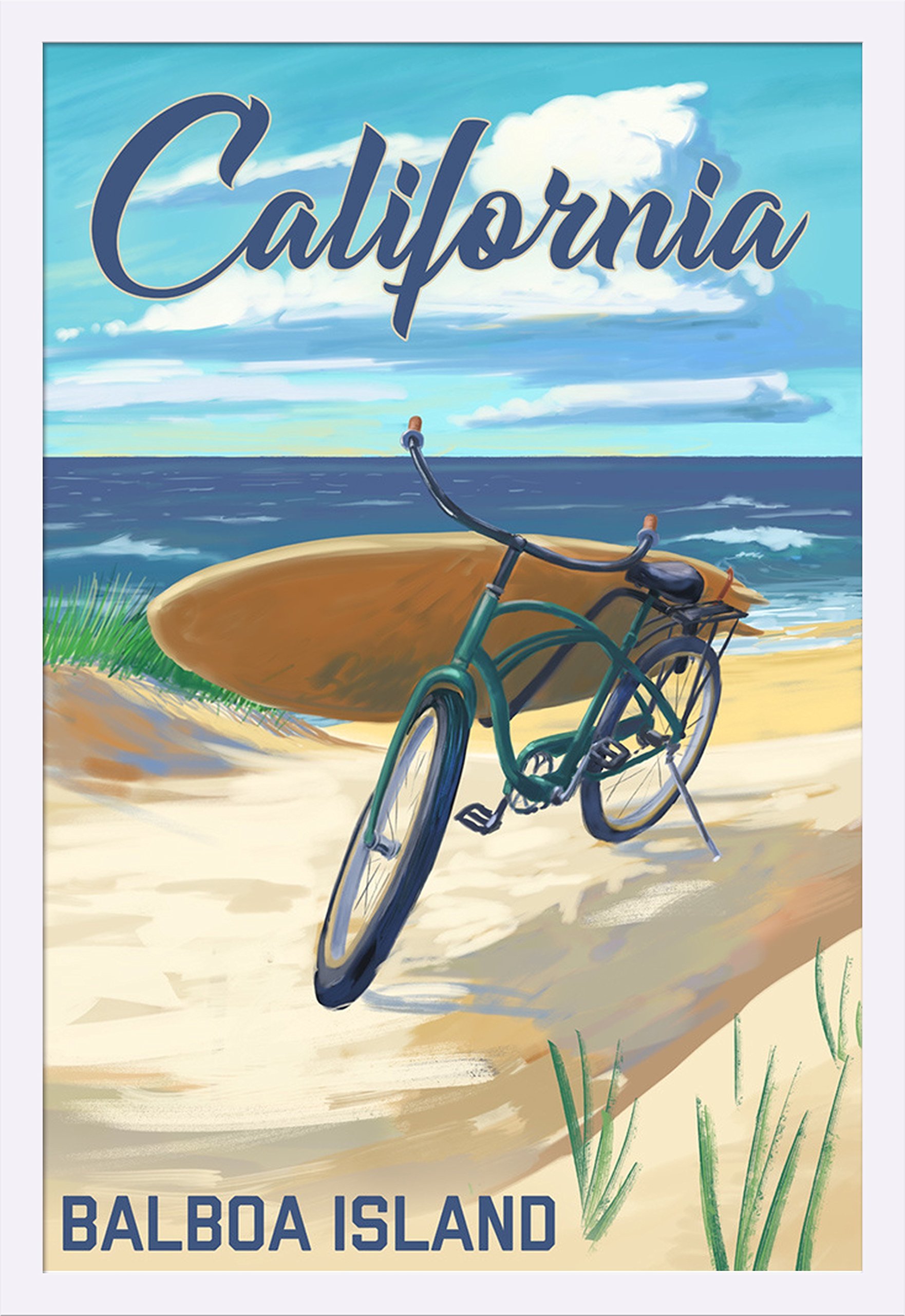 Balboa Island California Beach Cruiser Bicycle Art Print - 24x36 Giclee Gallery Framed White Wood Wall Decor for Coastal Living Room, Beach House & Office