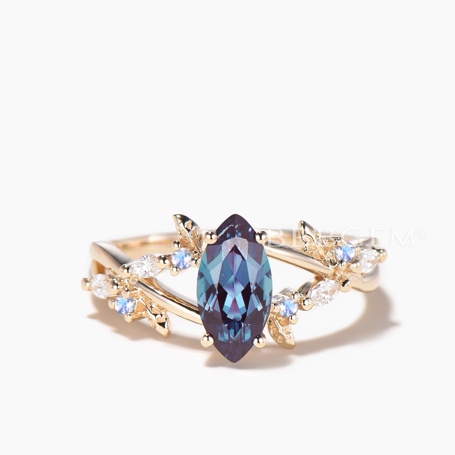 **Marquise Color Change Alexandrite Split Shank Wedding Ring - Moonstone Leaf Design for Engagement, Anniversary & Bridal Jewelry - Perfect for Romantic Occasions & Special Gifts**