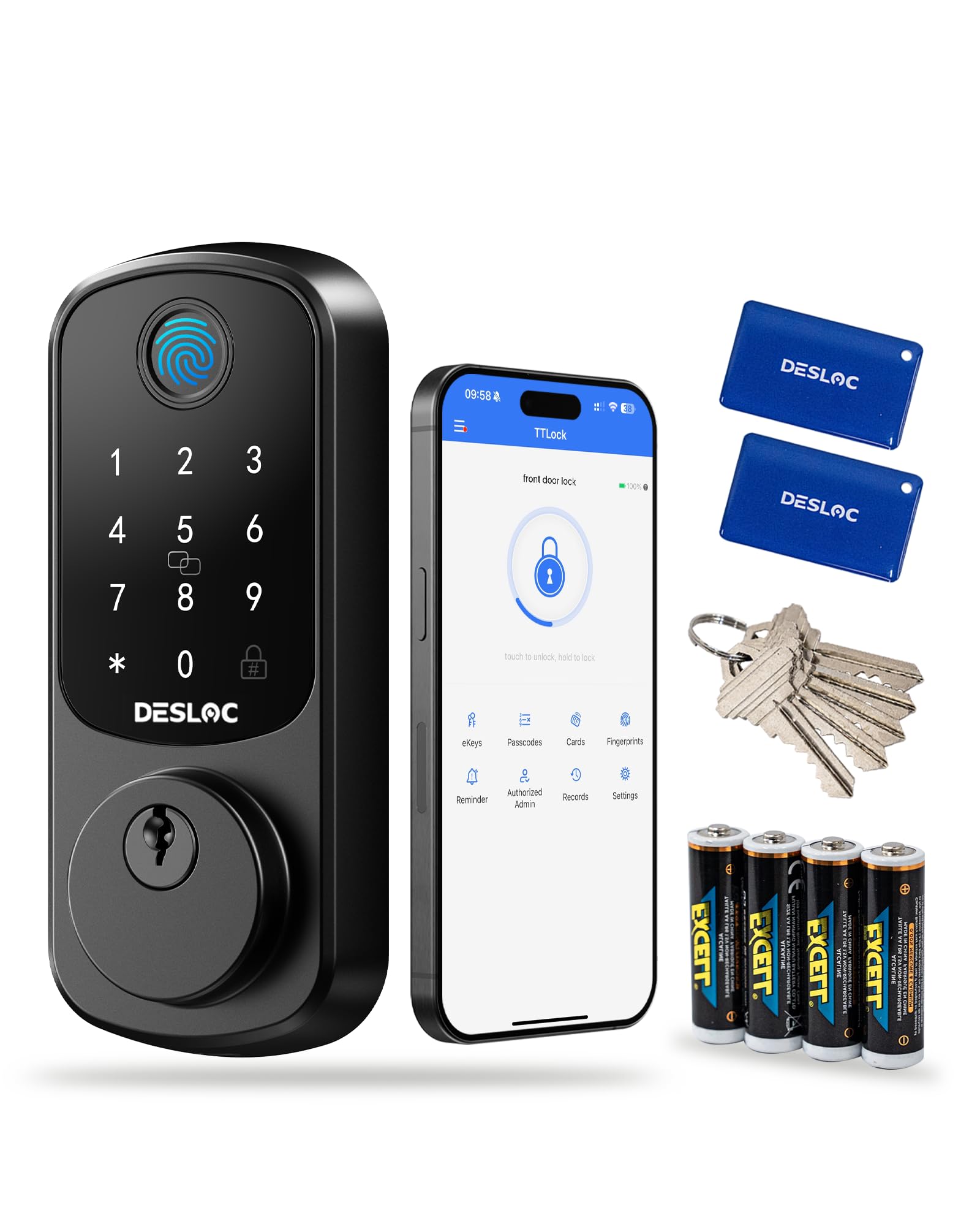 DESLOC B200 Smart Door Lock with Fingerprint, Keyless Entry & App Control - Touchscreen Keypad, Emergency Power Port, 12-Month Battery Life, IP54 Waterproof - Perfect for Front Door Security in Homes & Apartments