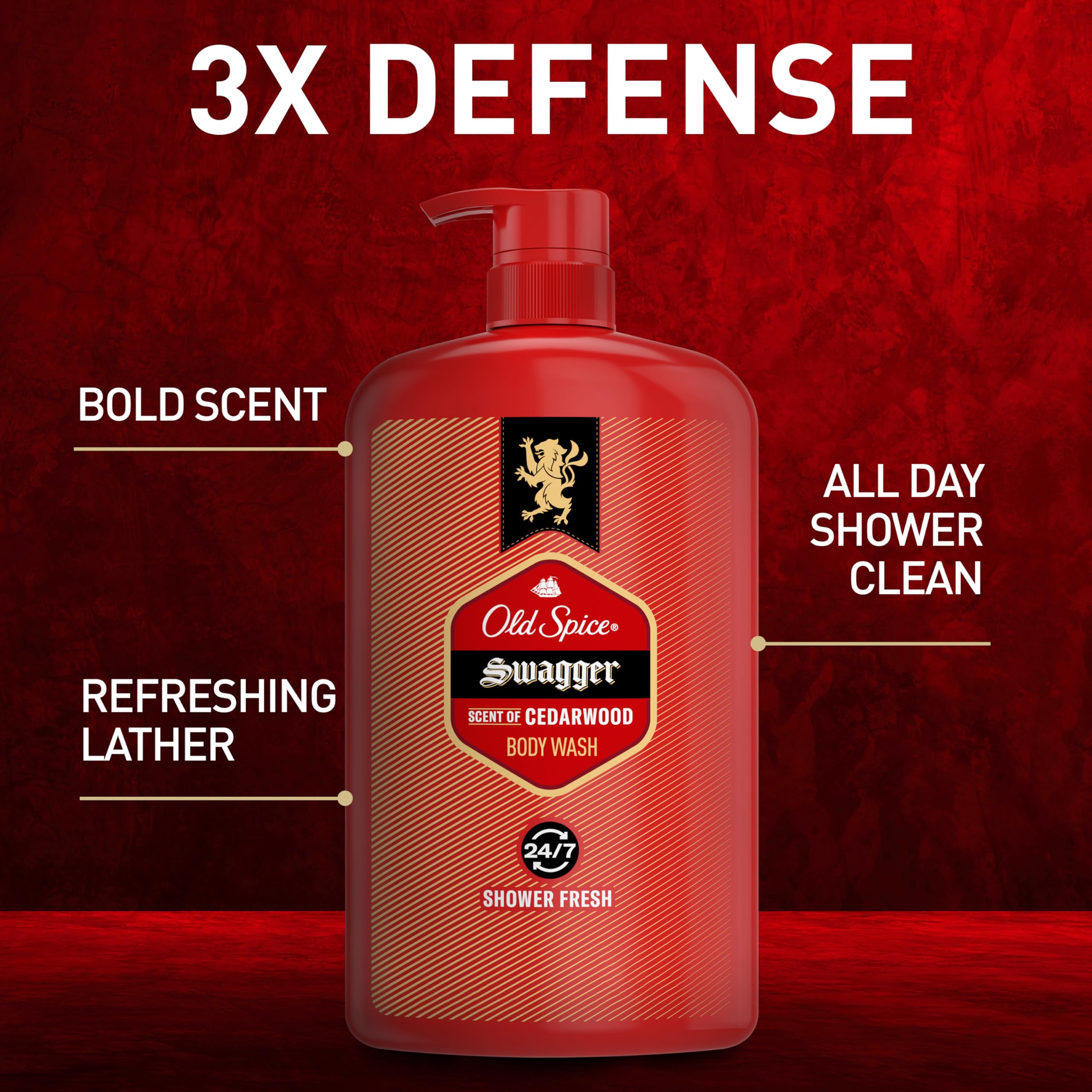 Old Spice Men's Body Wash - 24/7 Shower Fresh with Long-Lasting Cedarwood Scent, Swagger Red Collection, 33.4 fl oz (Pack of 4) | Refreshing Daily Shower Gel for Gym, Work & Active Lifestyle