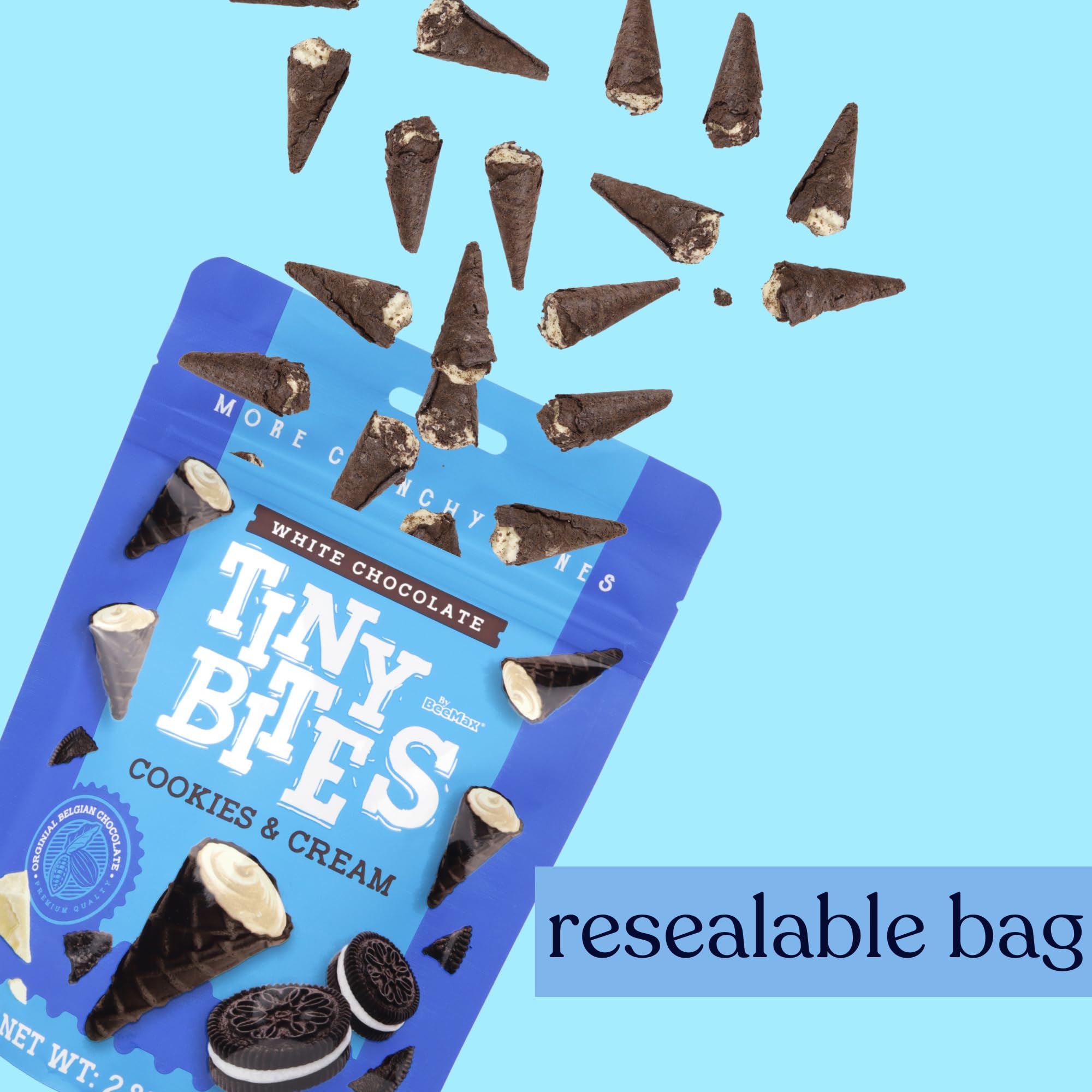 Bee Max Cookies and Cream Cones Tiny Bites - Bite Size Waffle Cone Snacks in Resealable Bag (2.82oz) - Perfect for Parties, Movie Nights & On-the-Go Snacking