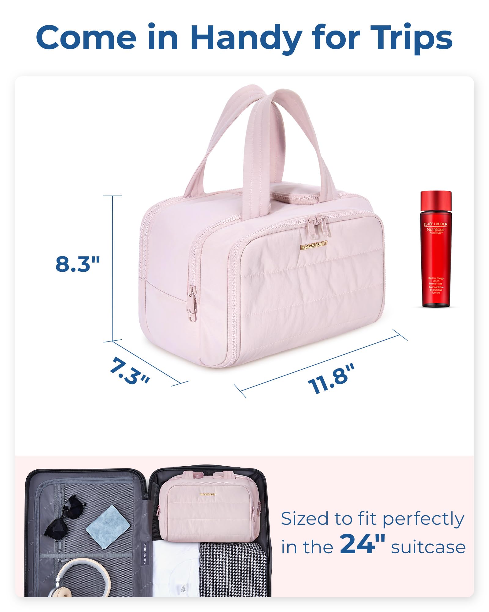 BAGSMART Travel Toiletry Bag for Women - Large Lightweight Cosmetic Organizer with Handle, Wide Open Design for Makeup, Accessories & Essentials (Pink) - Perfect for Air Travel, Gym & Weekend Getaways